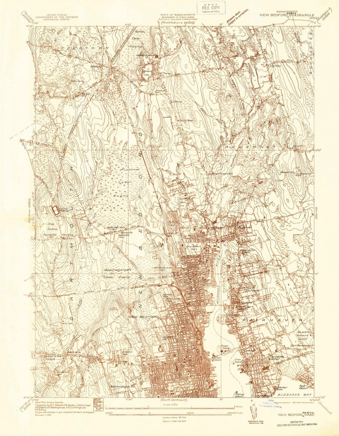 1936 New Bedford North, MA - Massachusetts - USGS Topographic Map
