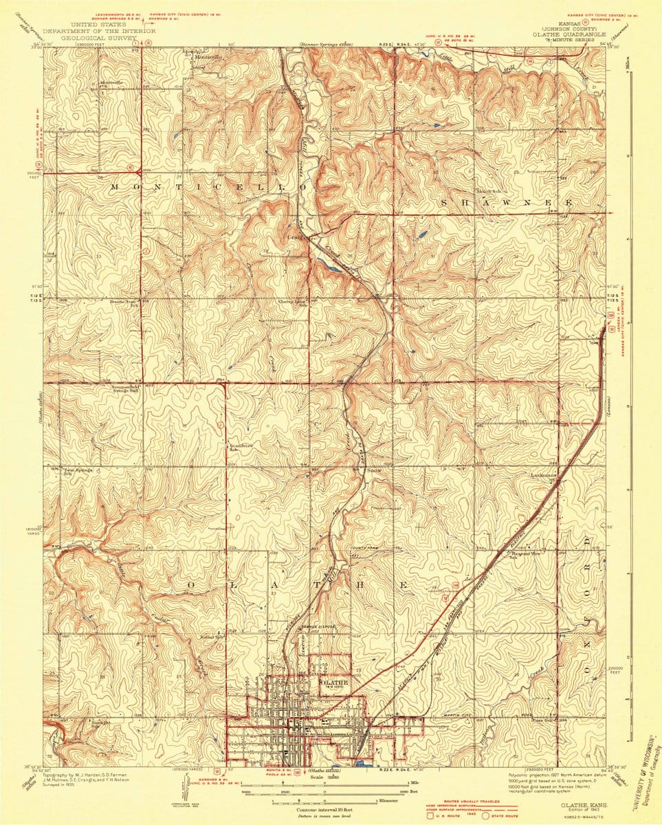 1943 Olathe, KS  - Kansas - USGS Topographic Map