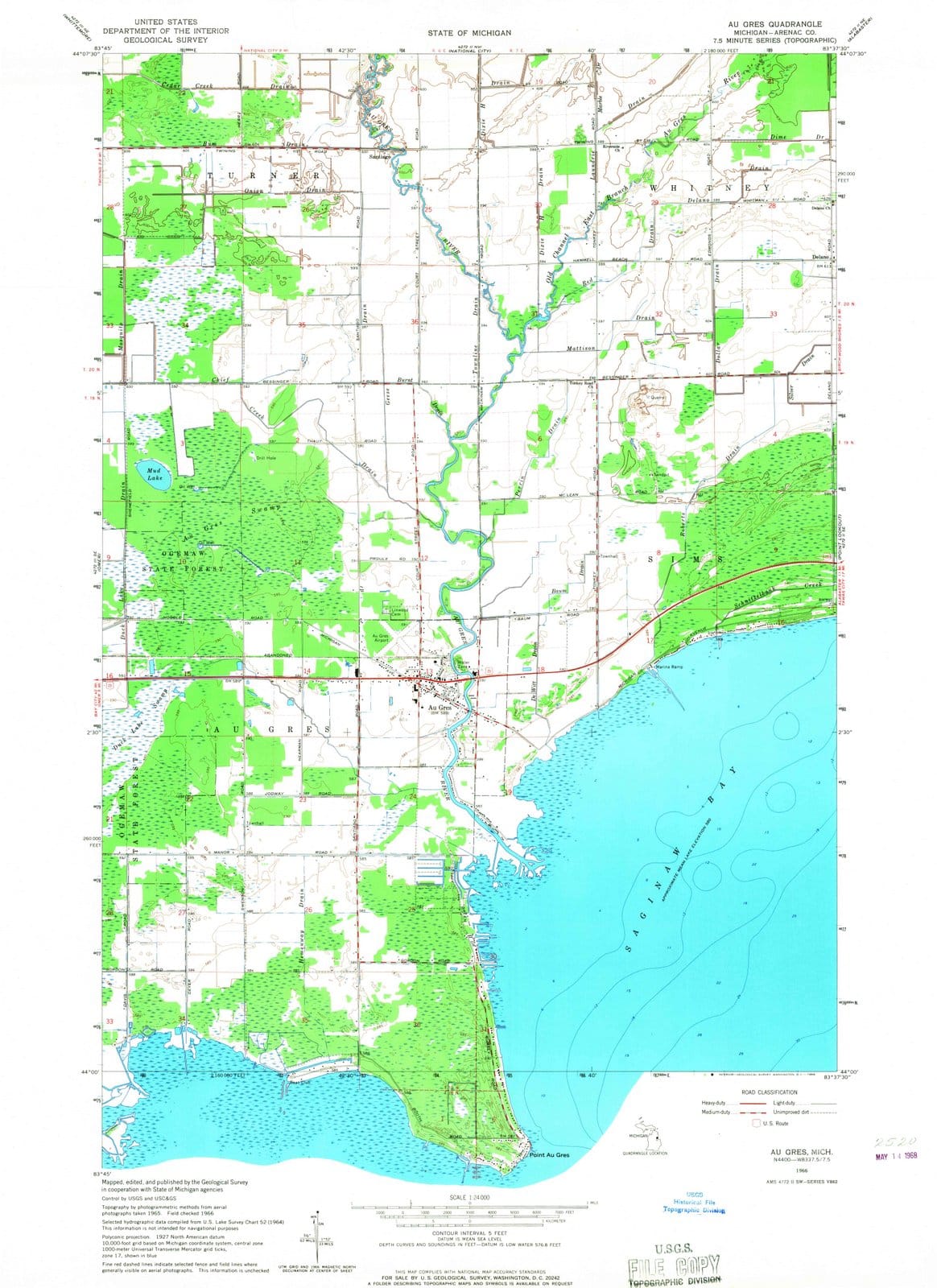 1966 Au Gres, MI - Michigan - USGS Topographic Map