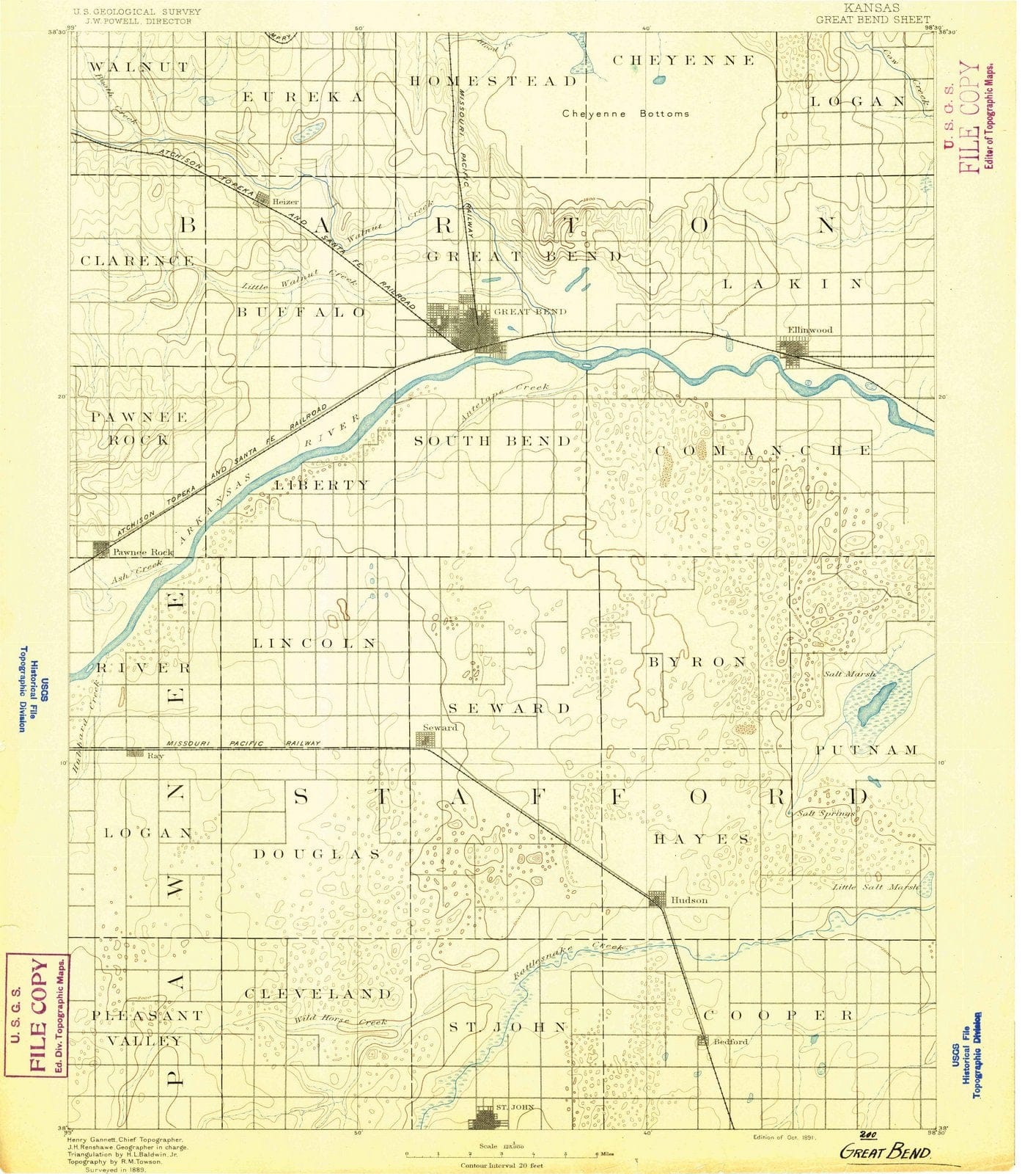 1891 Great Bend, KS - Kansas - USGS Topographic Map