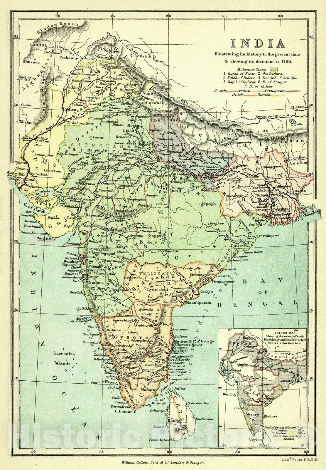 Historic Map : 1872 India Illustrating its history to the present time and showing its divisions in 1760 : Vintage Wall Art
