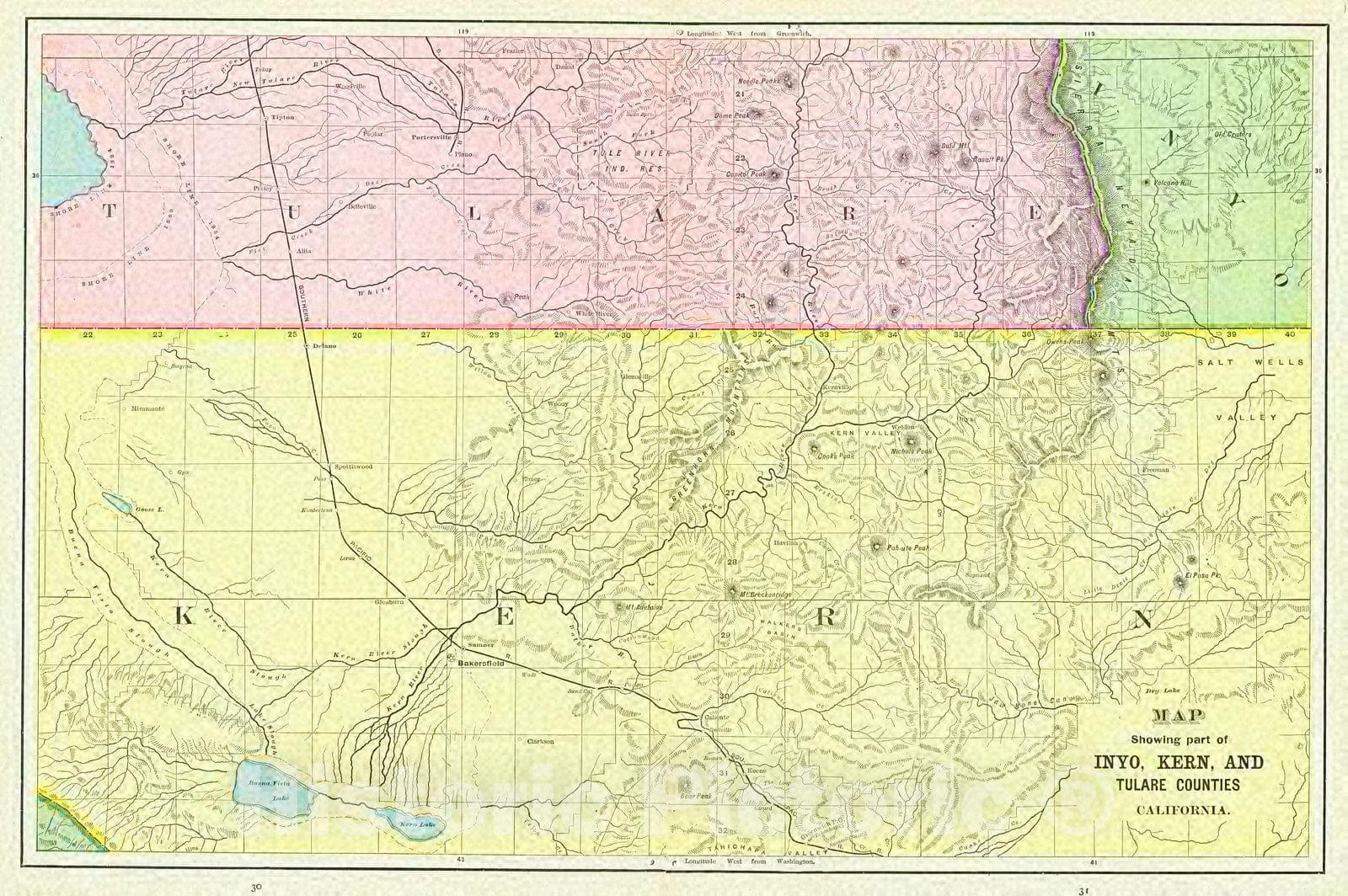 Historic Map : 1892 Map Showing Part of Inyo, Kern, and Tulare Countie ...