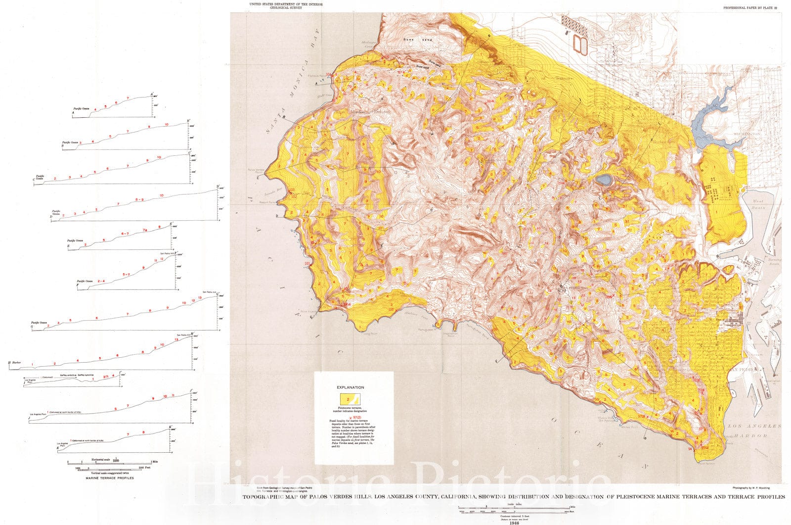 Historic Map : 1946 Topographic map of Palos Verdes Hills, Los Angeles County, California, showing distribution of Pleistocene Marine Terraces and terrace profiles : Vintage Wall Art