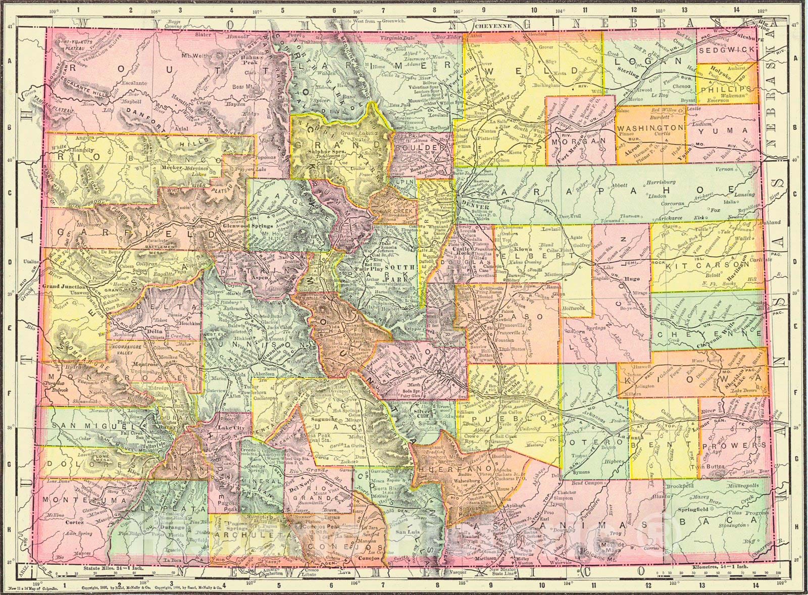 Historic Map : 1898 Rand McNally's New Map of Colorado : Vintage Wall Art