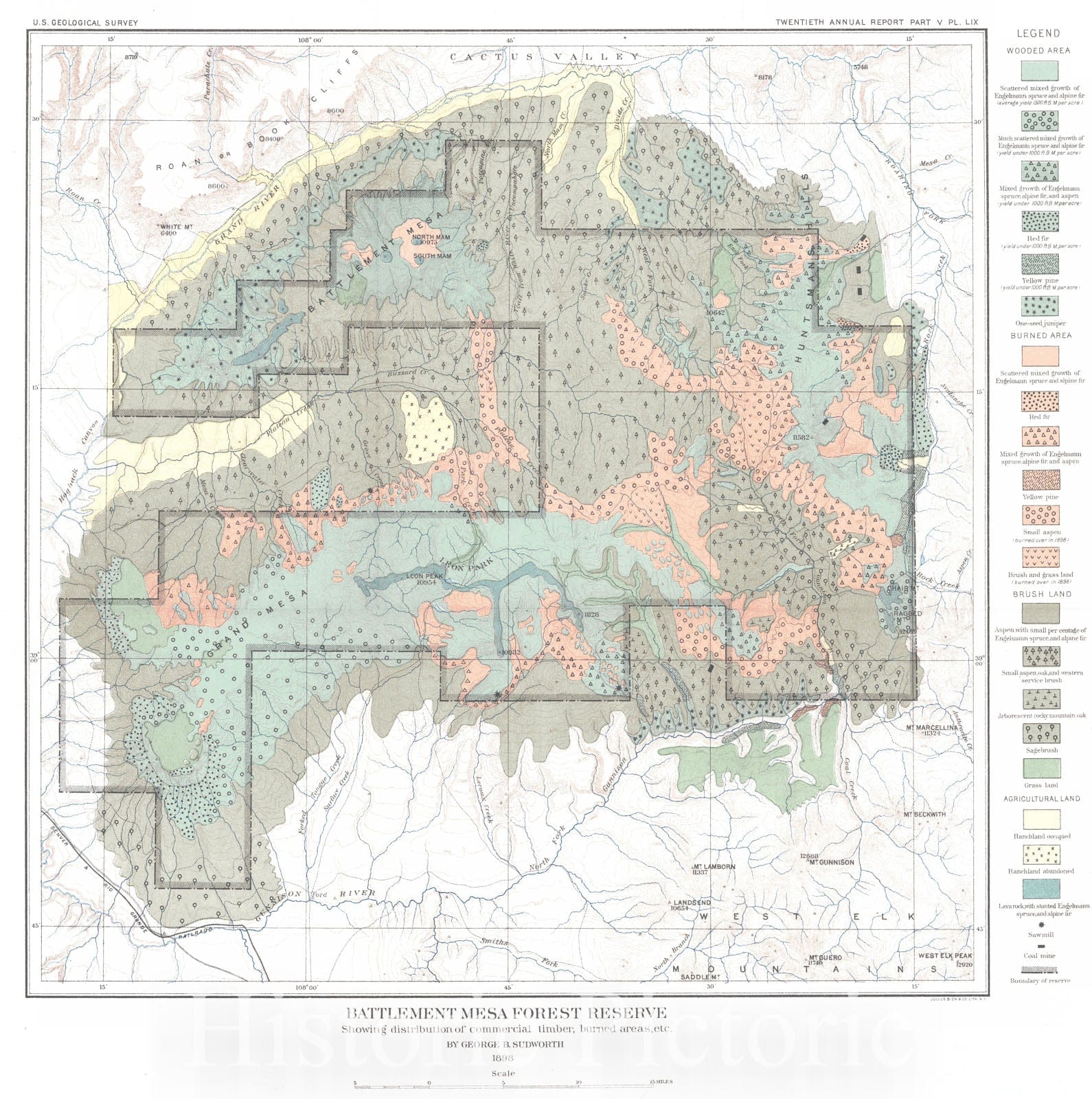 Historic Map : 1898 Battlement Mesa Forest Reserve Showing Distribution of Commercial Timber, Burned Areas, etc. : Vintage Wall Art