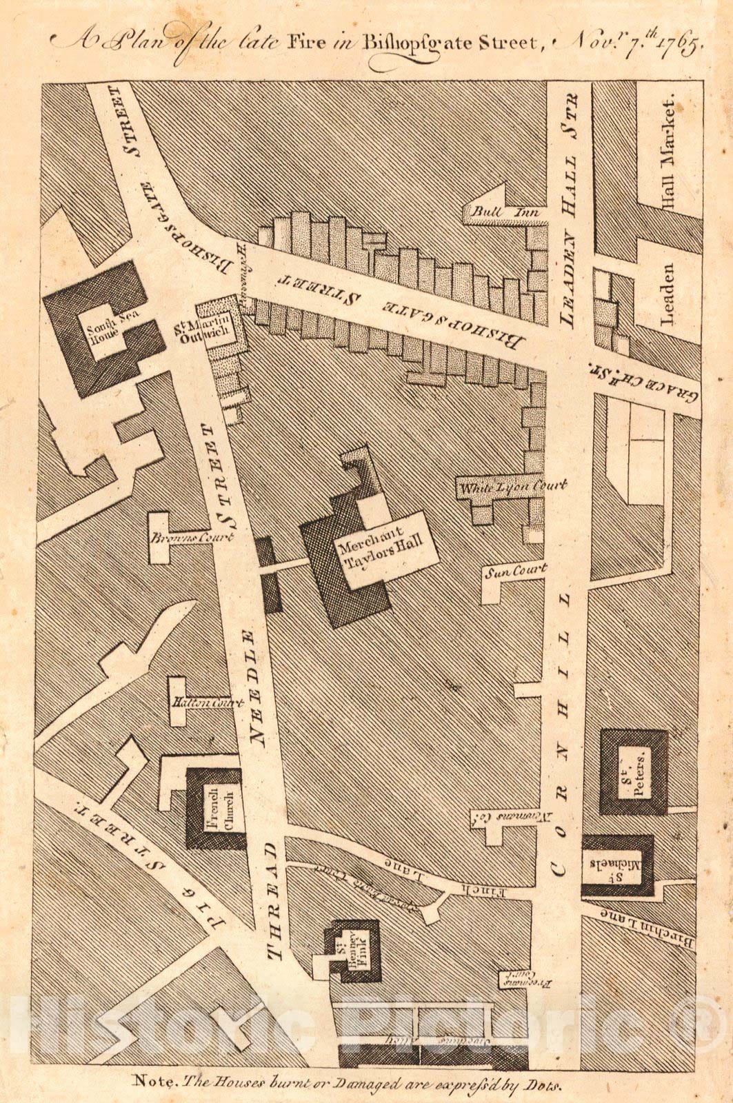 Historic Map : 1765 A Plan of the Late Fire in Bishopsgate Street, Nov. 7th 1765 : Vintage Wall Art