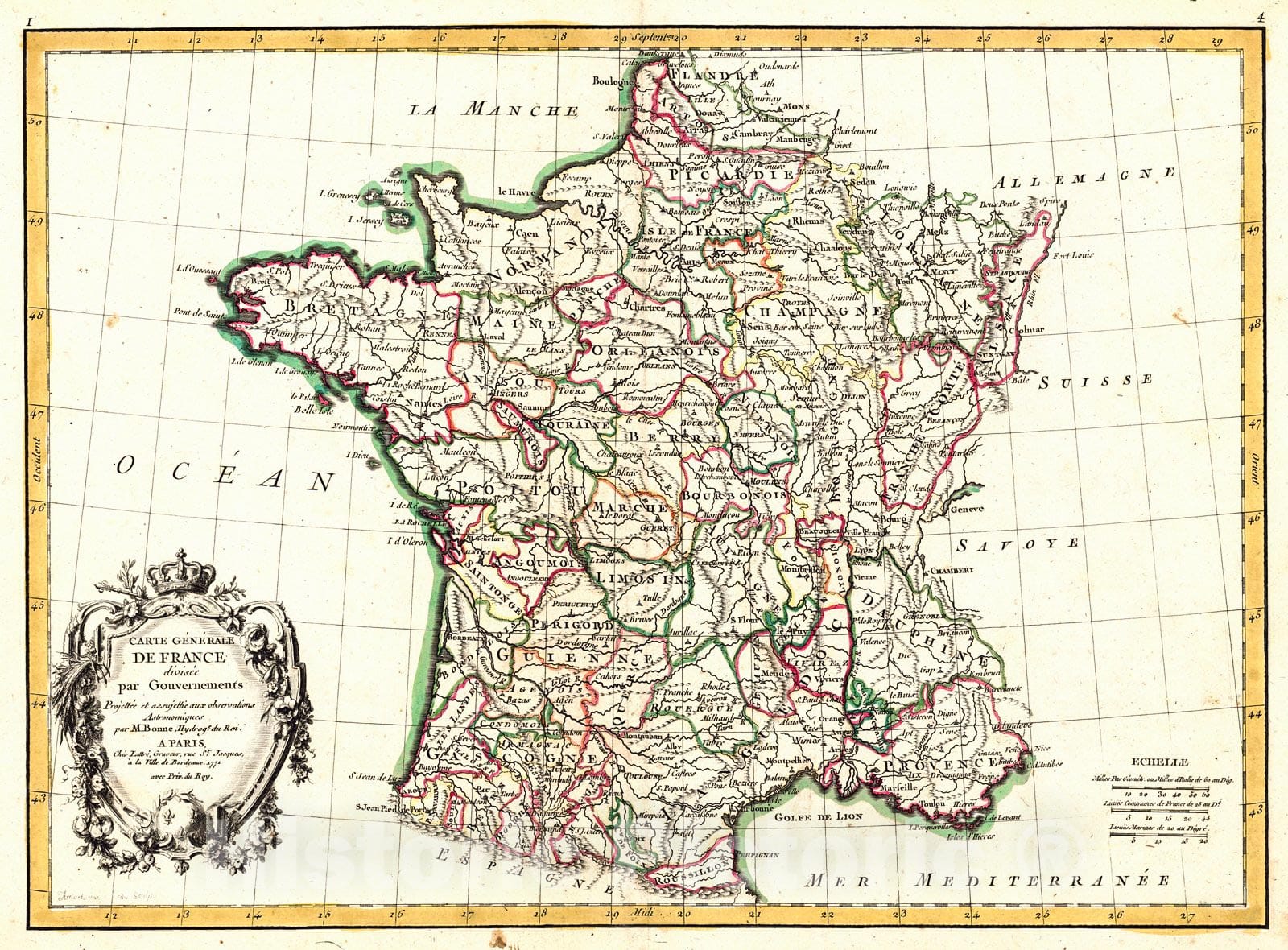 Historic Map : 1771 Carte Generale de France divisee par Gouvernements : Vintage Wall Art