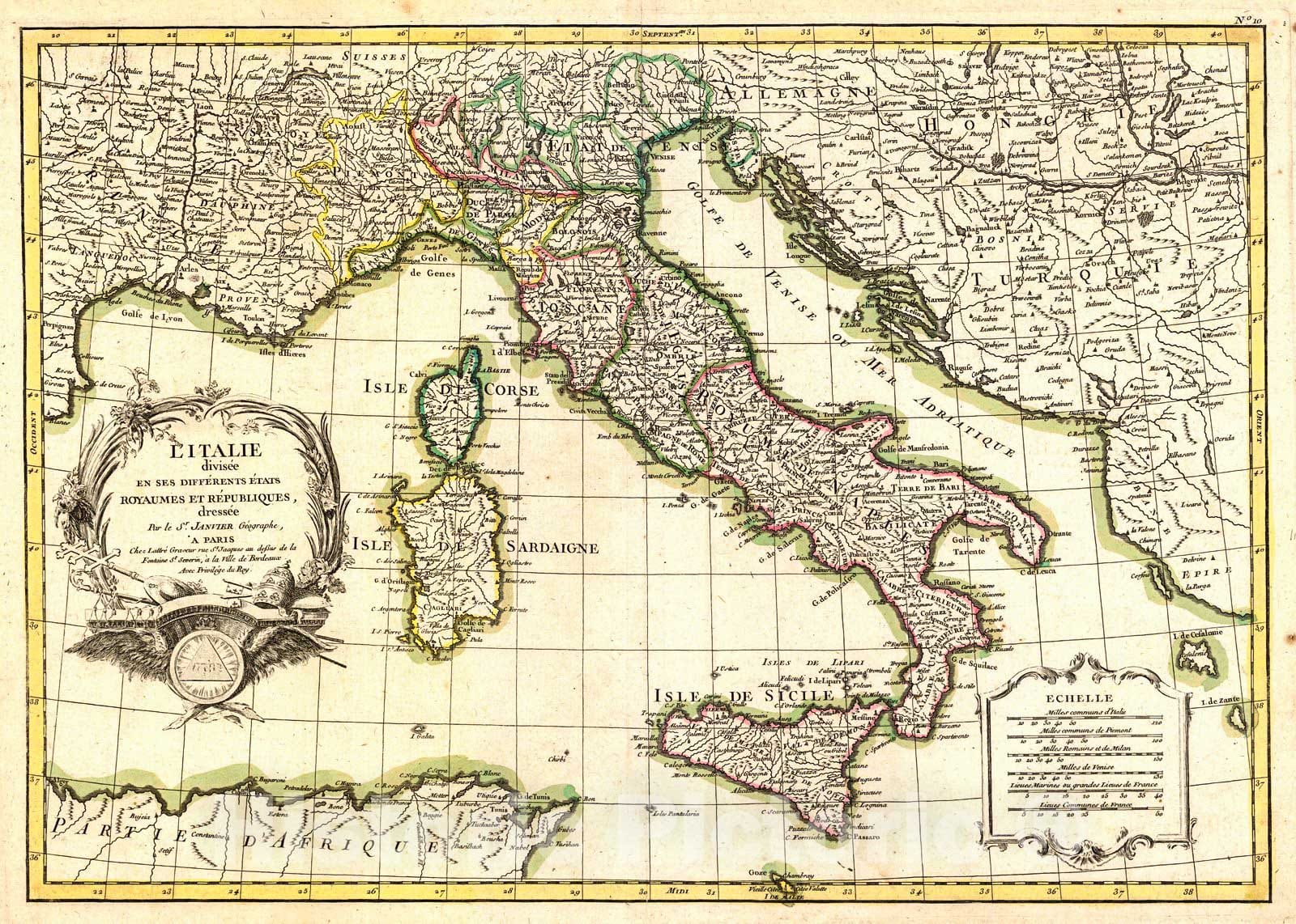 Historic Map : 1771 L'Italie divisee en ses Diff&eacute;rents &Eacute;tats Royaumes et R&eacute;publiques : Vintage Wall Art