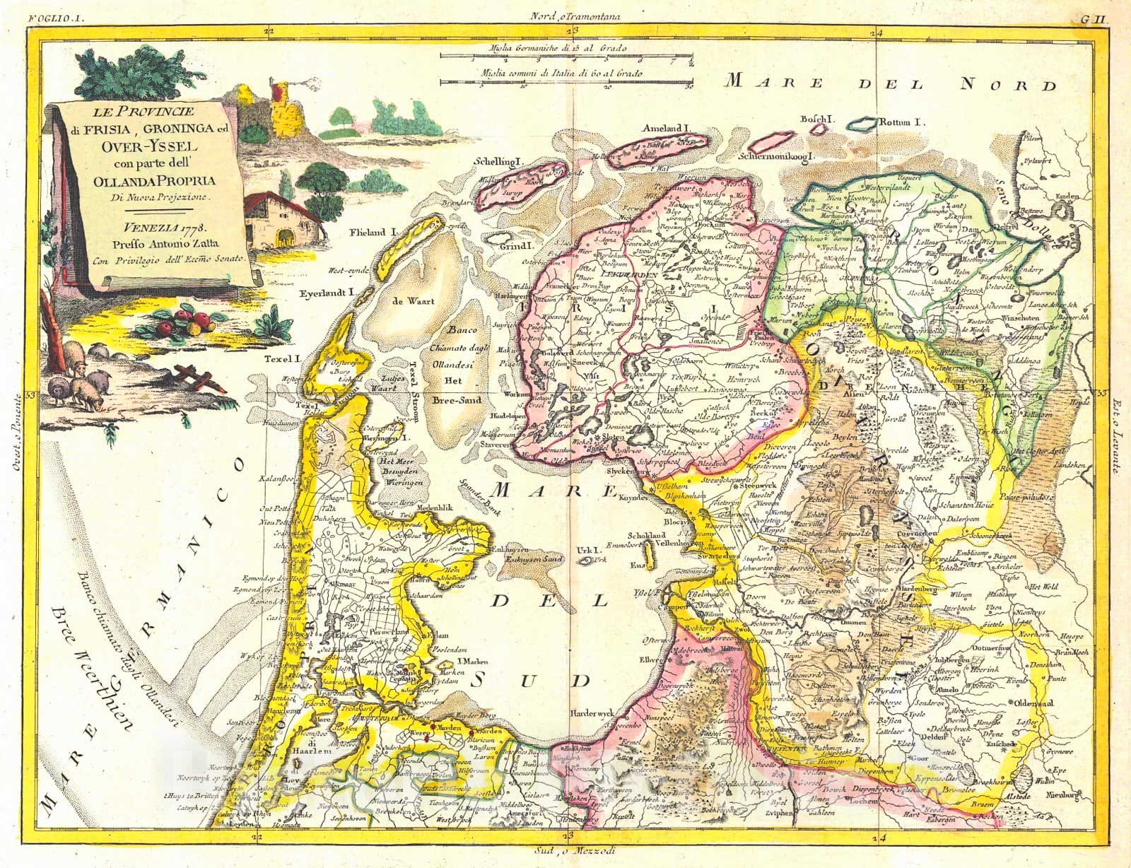 Historic Map : 1778 Le Provincie di Frisia, Groninga ed Over-Yssel con parte dell Ollande Propria : Vintage Wall Art