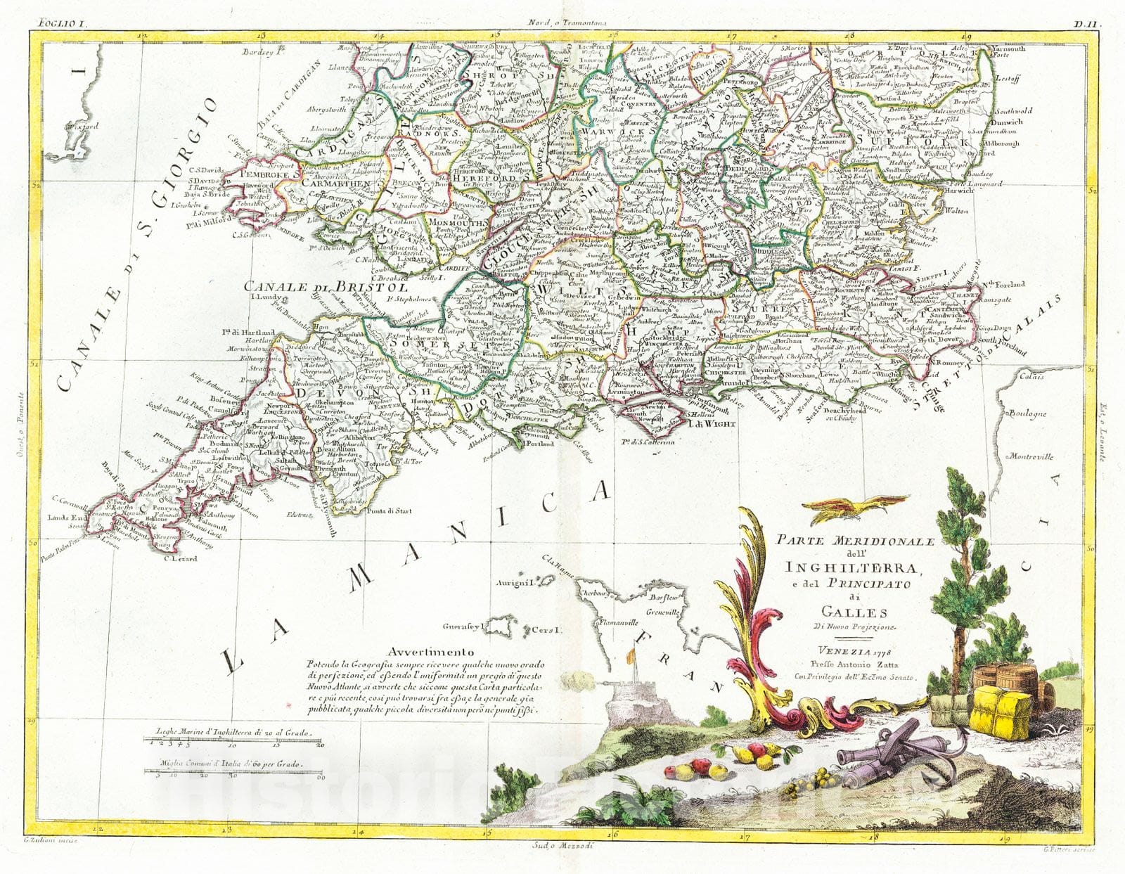 Historic Map : 1779 Parte Meridionale dell Inghilterra, e del Principato di Galles : Vintage Wall Art