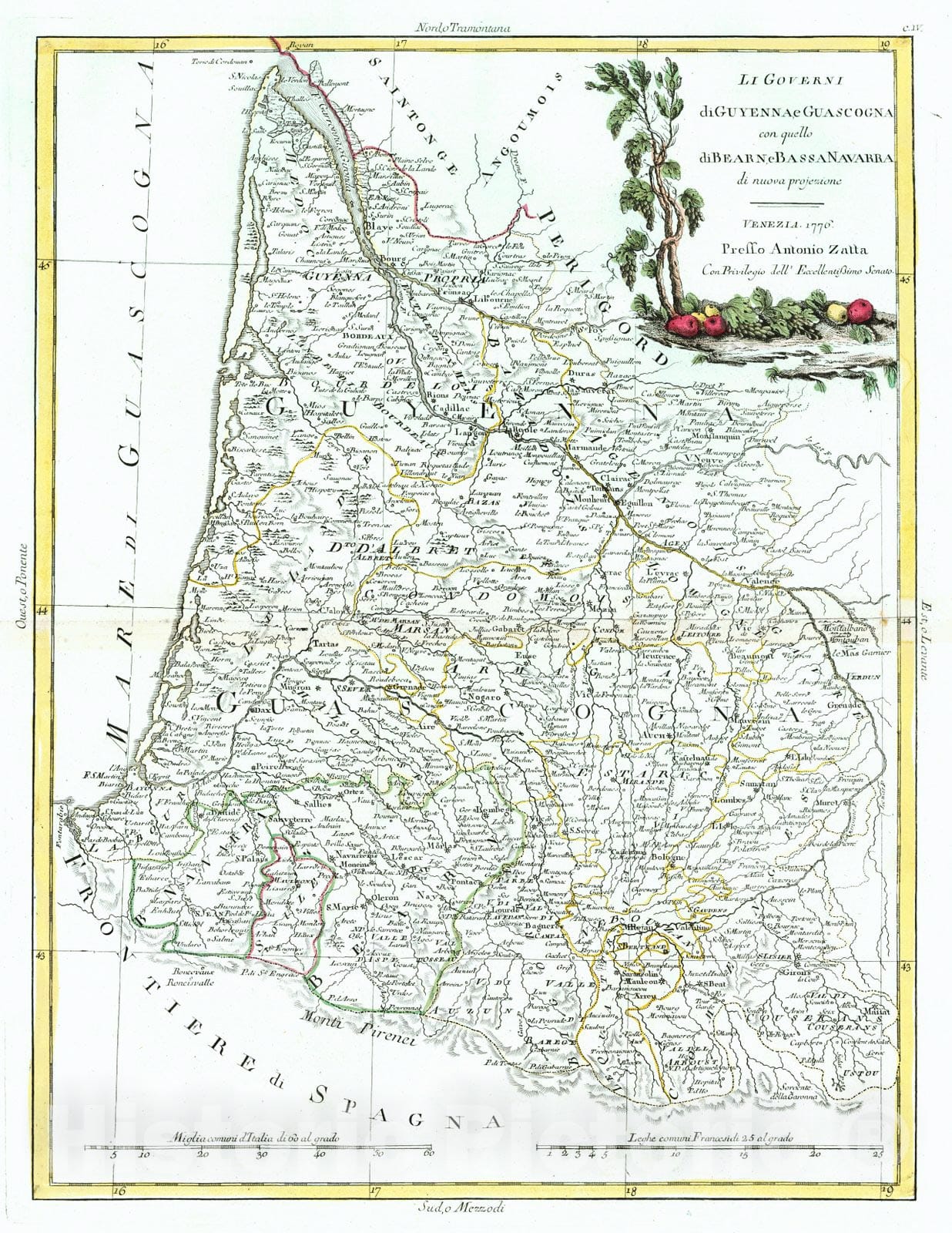Historic Map : 1779 Li Governi di Guyenna e Guascogna con quello di Bearn e Bassa Navarra : Vintage Wall Art