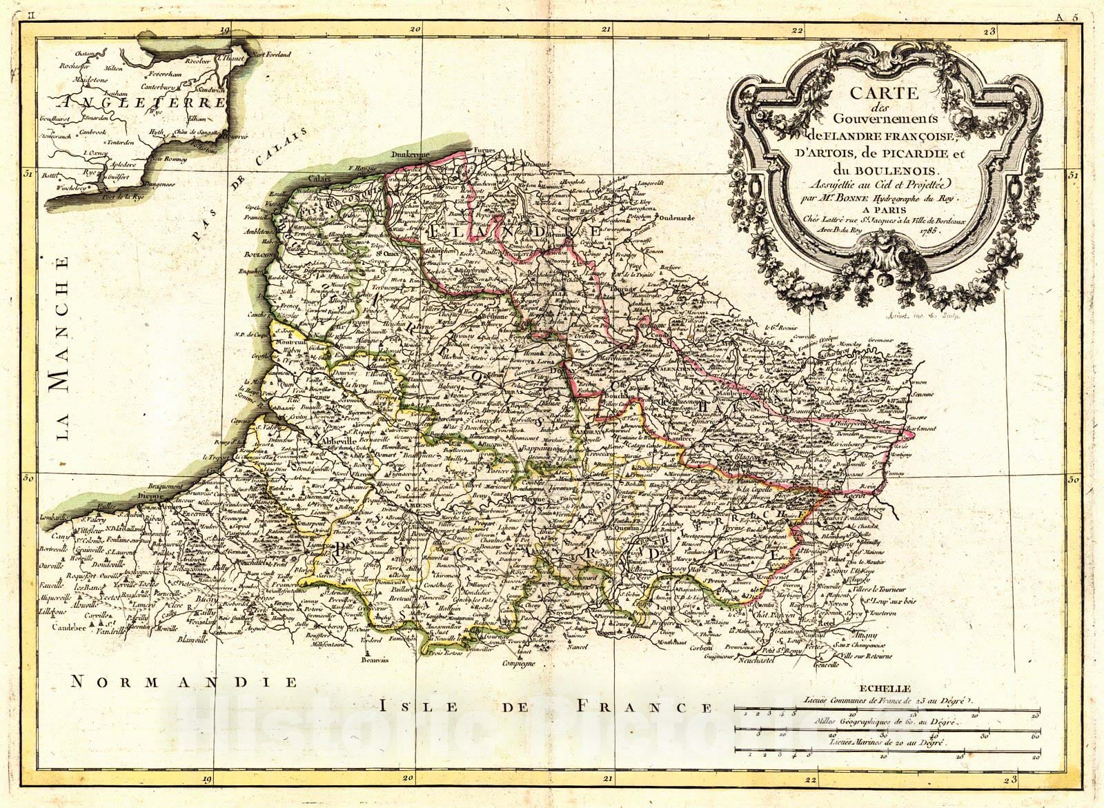 Historic Map : 1785 Carte des Gouvernements de Flandre Fran&#231;ois d' Artois, de Picardie et du Boulenois : Vintage Wall Art