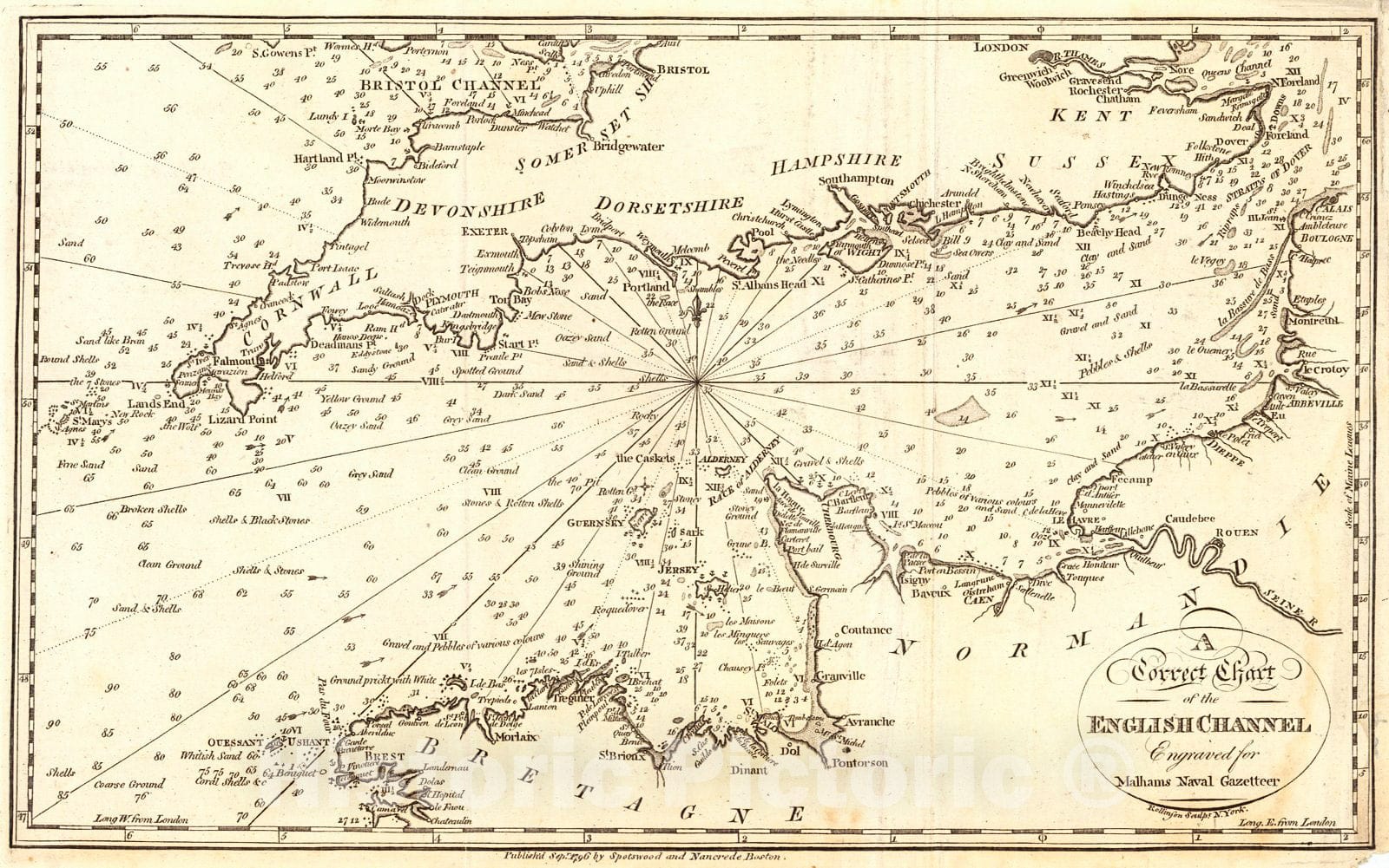 Historic Map : 1796 A Correct Chart of the English Channel : Vintage Wall Art