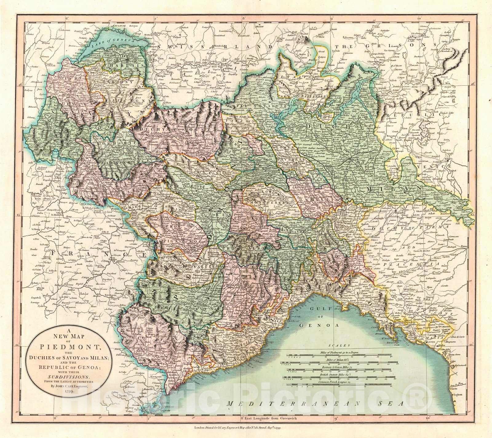 Historic Map : 1799 A New Map of Piedmont, The Duchies of Savoy and Milan; and the Republic of Genoa; with Their Subdivisions, from the Latest Authorities : Vintage Wall Art