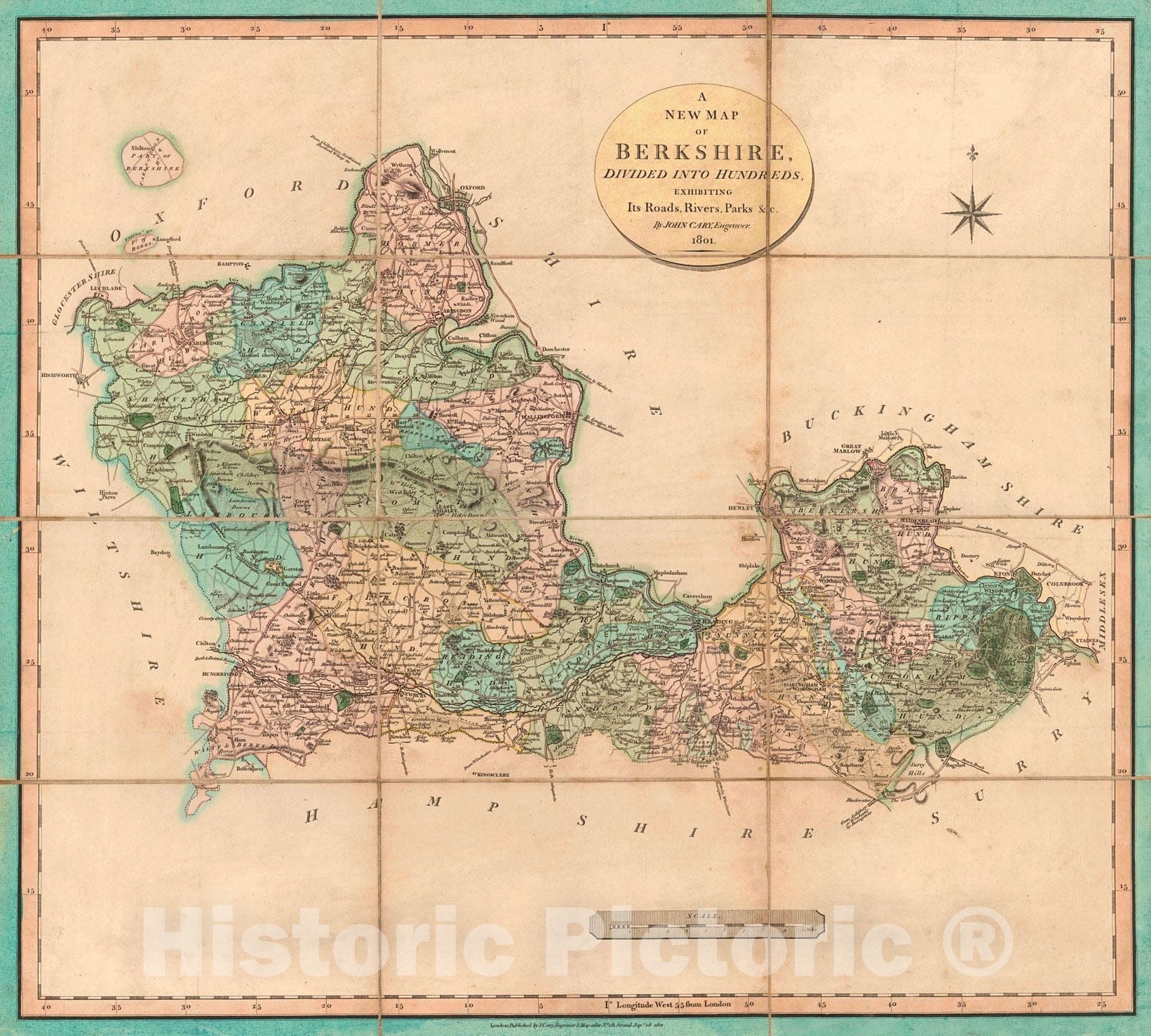 Historic Map : 1801 A New Map of Berkshire, Divided Into Hundreds, Exhibiting Its Roads, Rivers, Parks : Vintage Wall Art