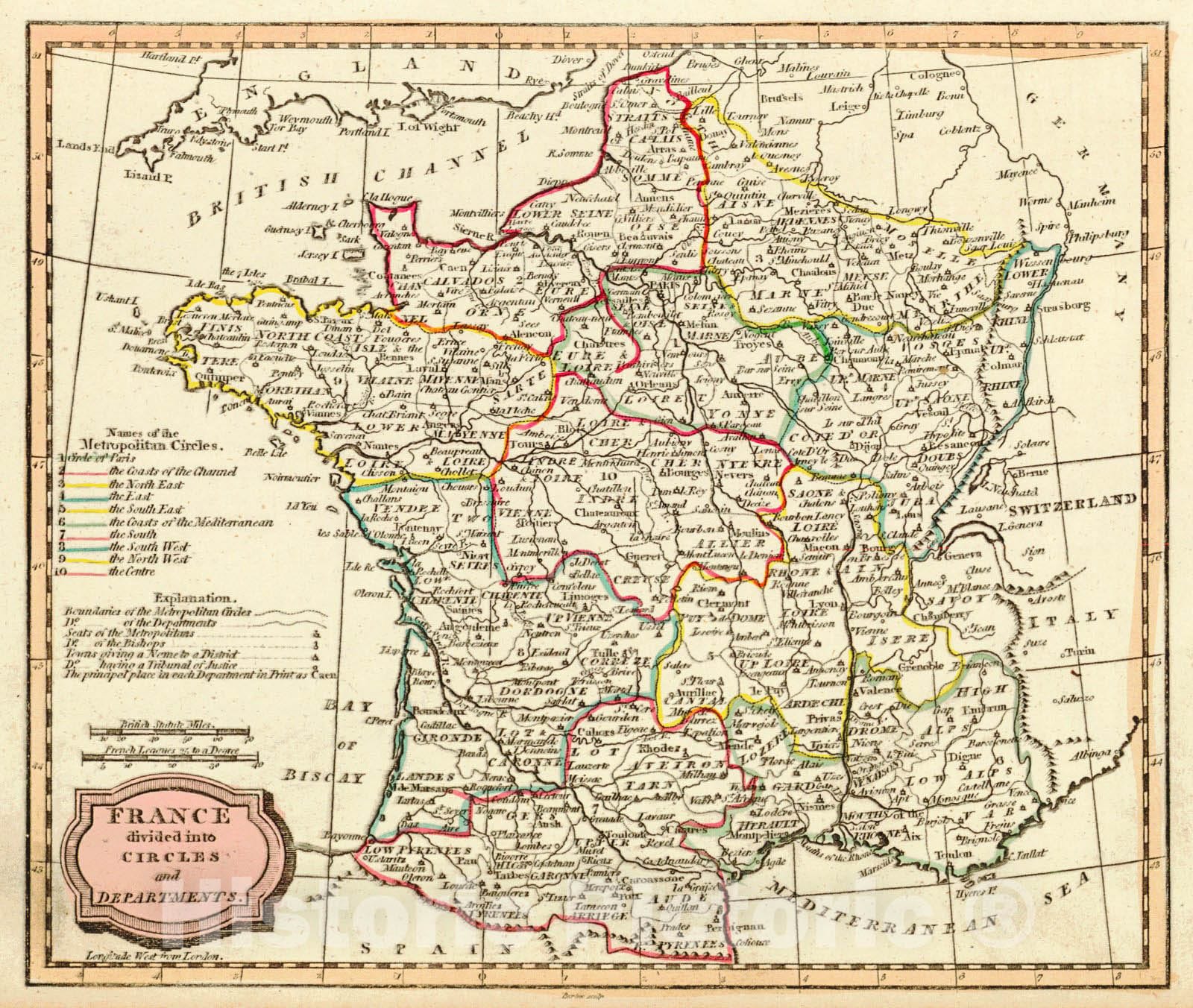 Historic Map : 1807 France Divided Into Its Circles and Departments : Vintage Wall Art