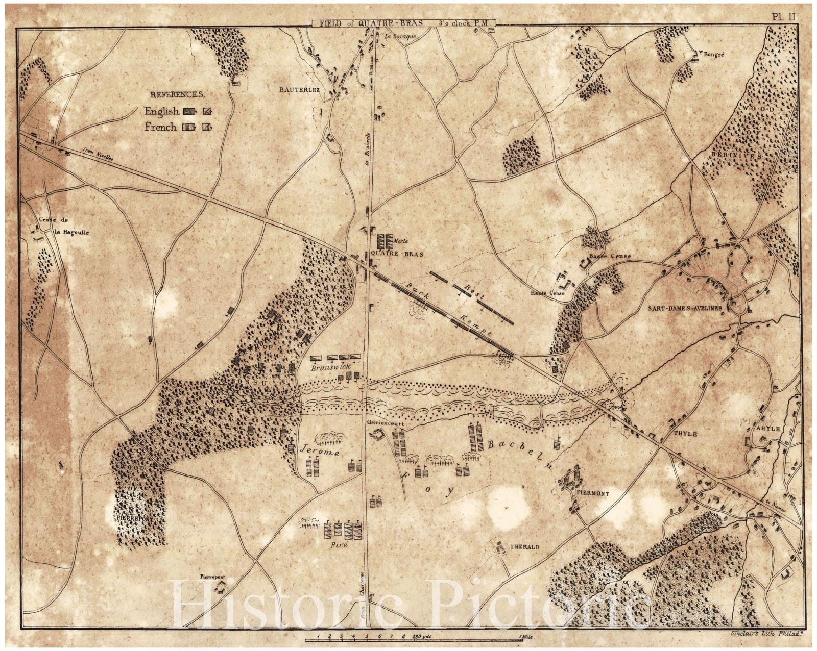 Historic Map :  [Battle of Waterloo] Field of Quatre - Bras, 3 o'clock P.M. : Vintage Wall Art