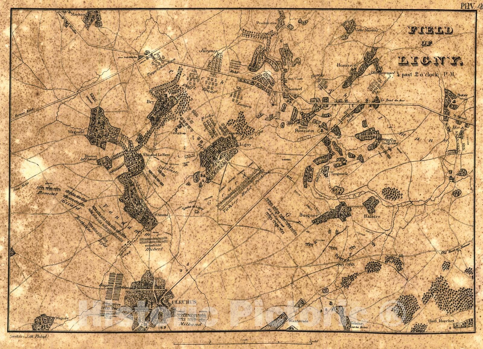 Historic Map :  [Battle of Waterloo] Field of Ligny, 1/4 past 2 o'clock P.M. : Vintage Wall Art
