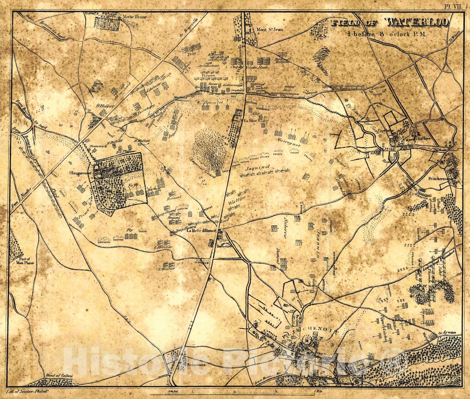 Historic Map :  [Battle of Waterloo] Field of Waterloo, 1/4 before 8 o'clock P.M. : Vintage Wall Art