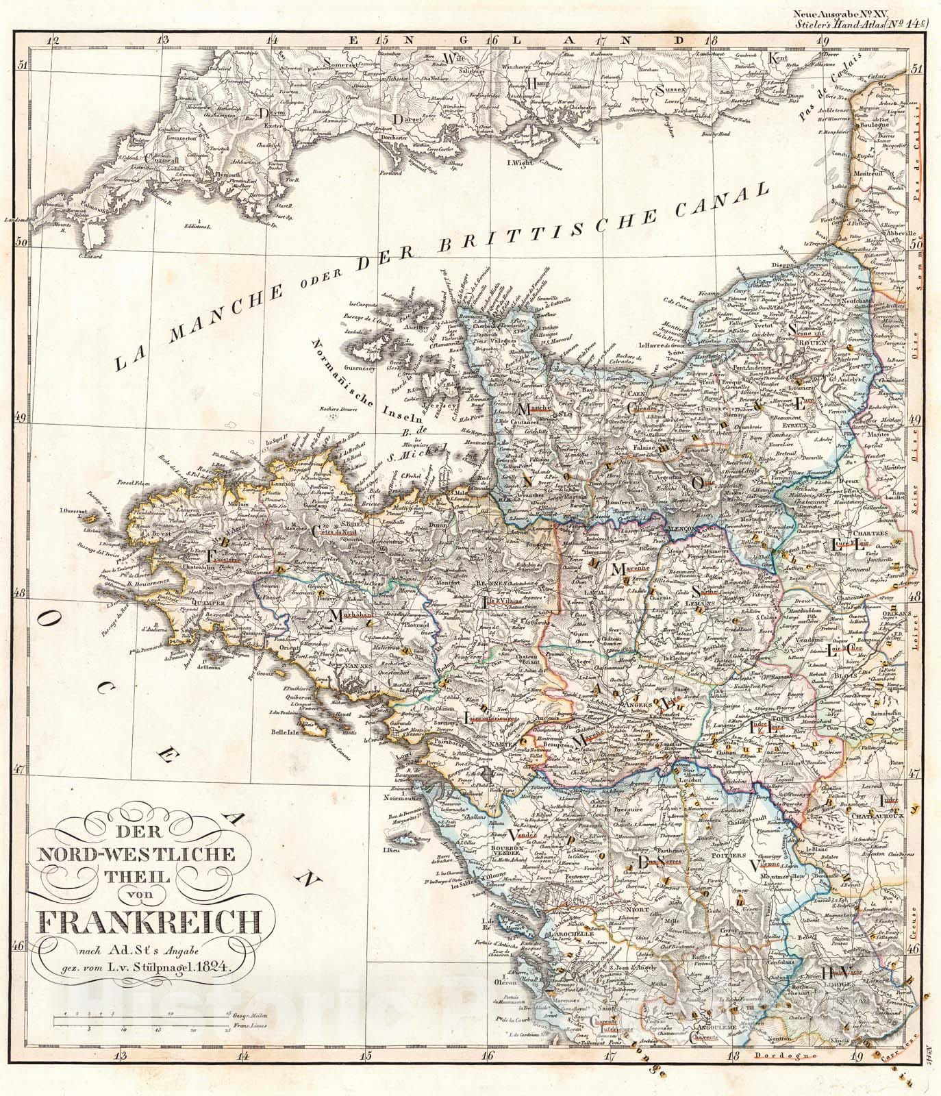 Historic Map : 1824 Der Nord-Westliche Theil von Frankreich : Vintage Wall Art