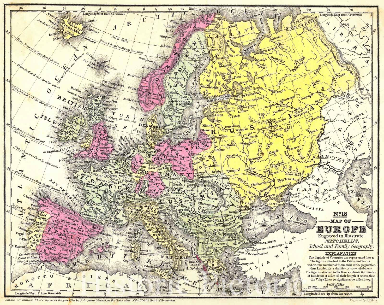 Historic Map : 1830 Map of Europe, engraved to illustrate Mitchell's School and Family Geography : Vintage Wall Art