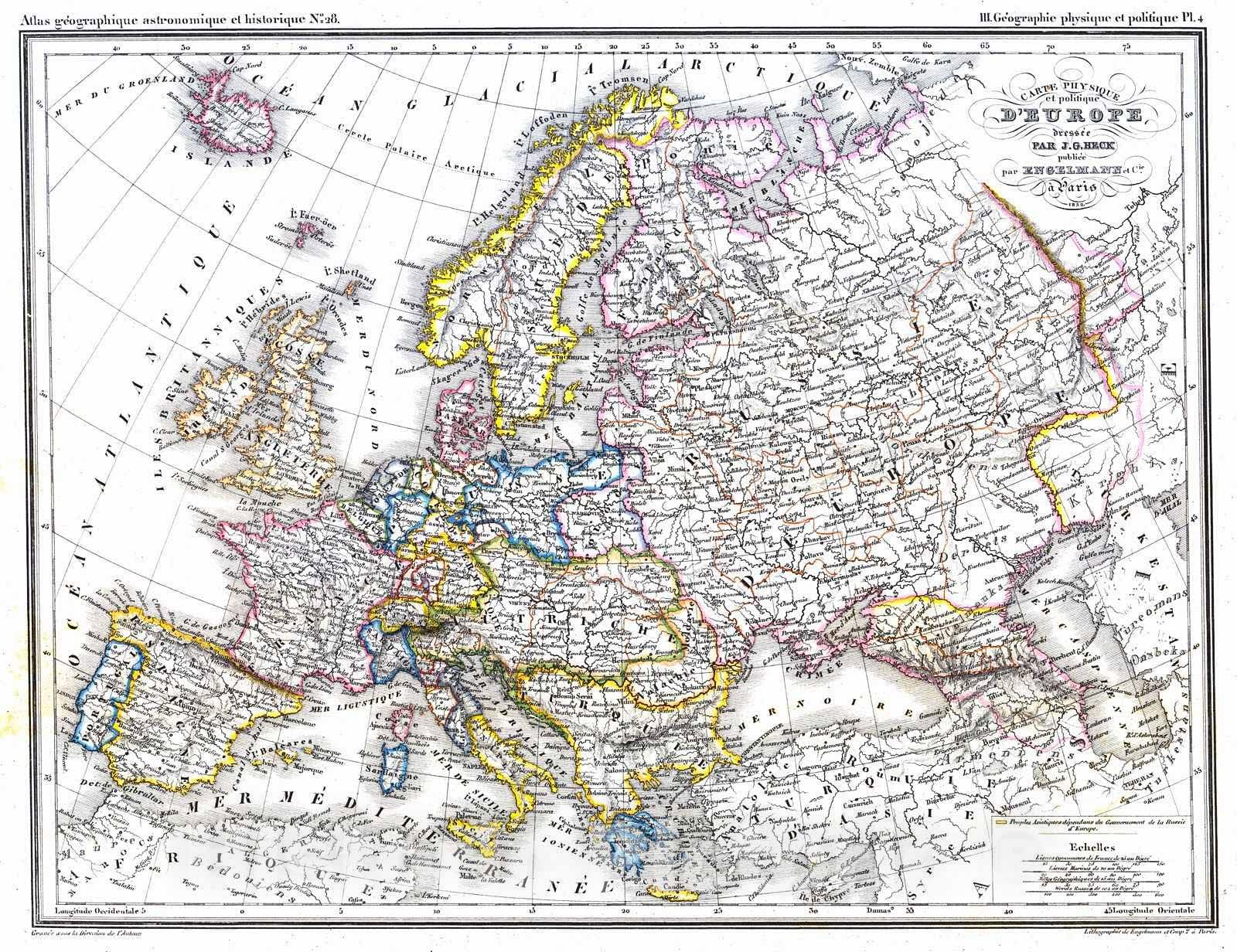 Historic Map : 1832 Carte Physique et politique D'Europe : Vintage Wall Art