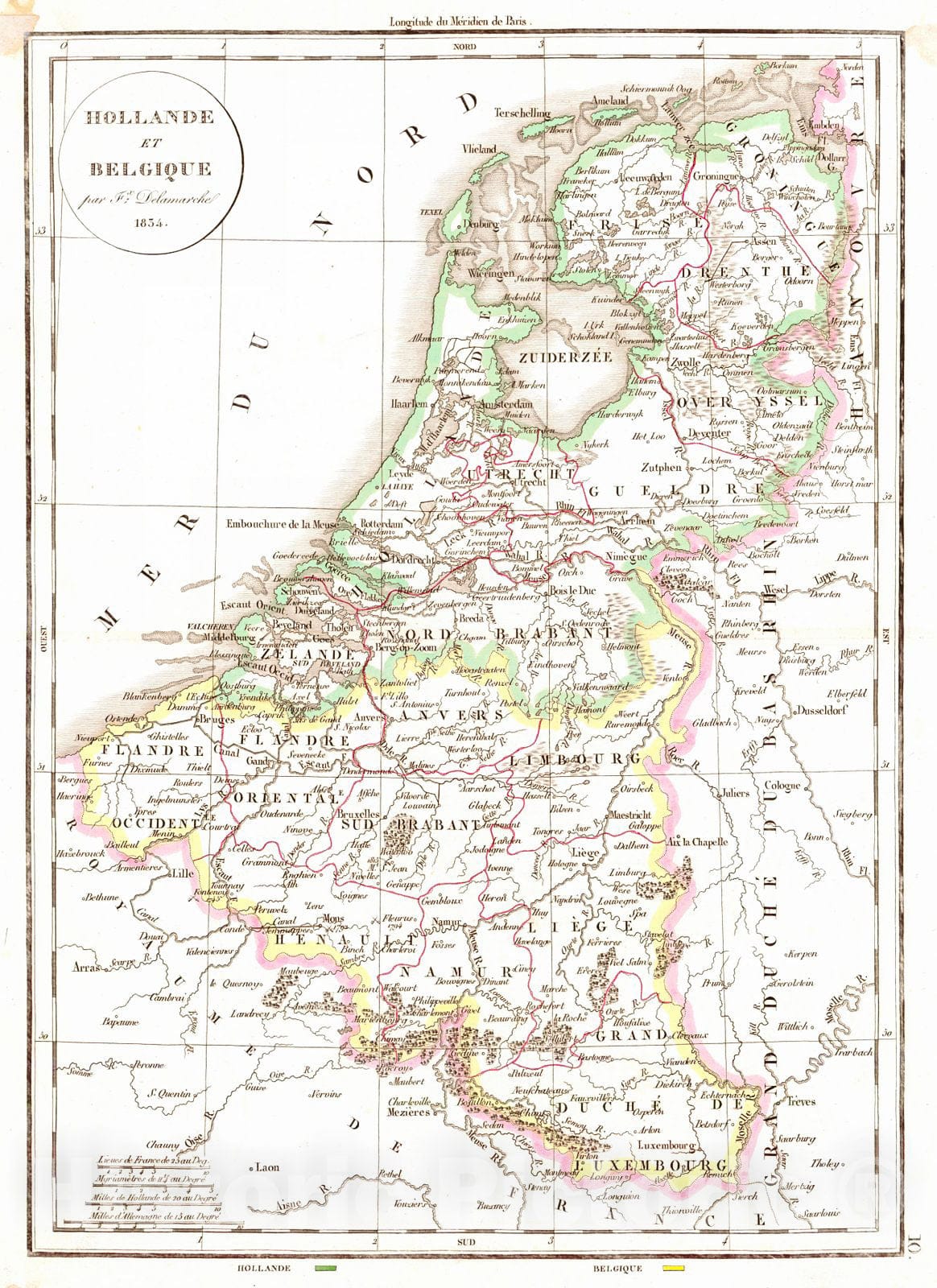 Historic Map : 1834 Hollande et Belgique : Vintage Wall Art