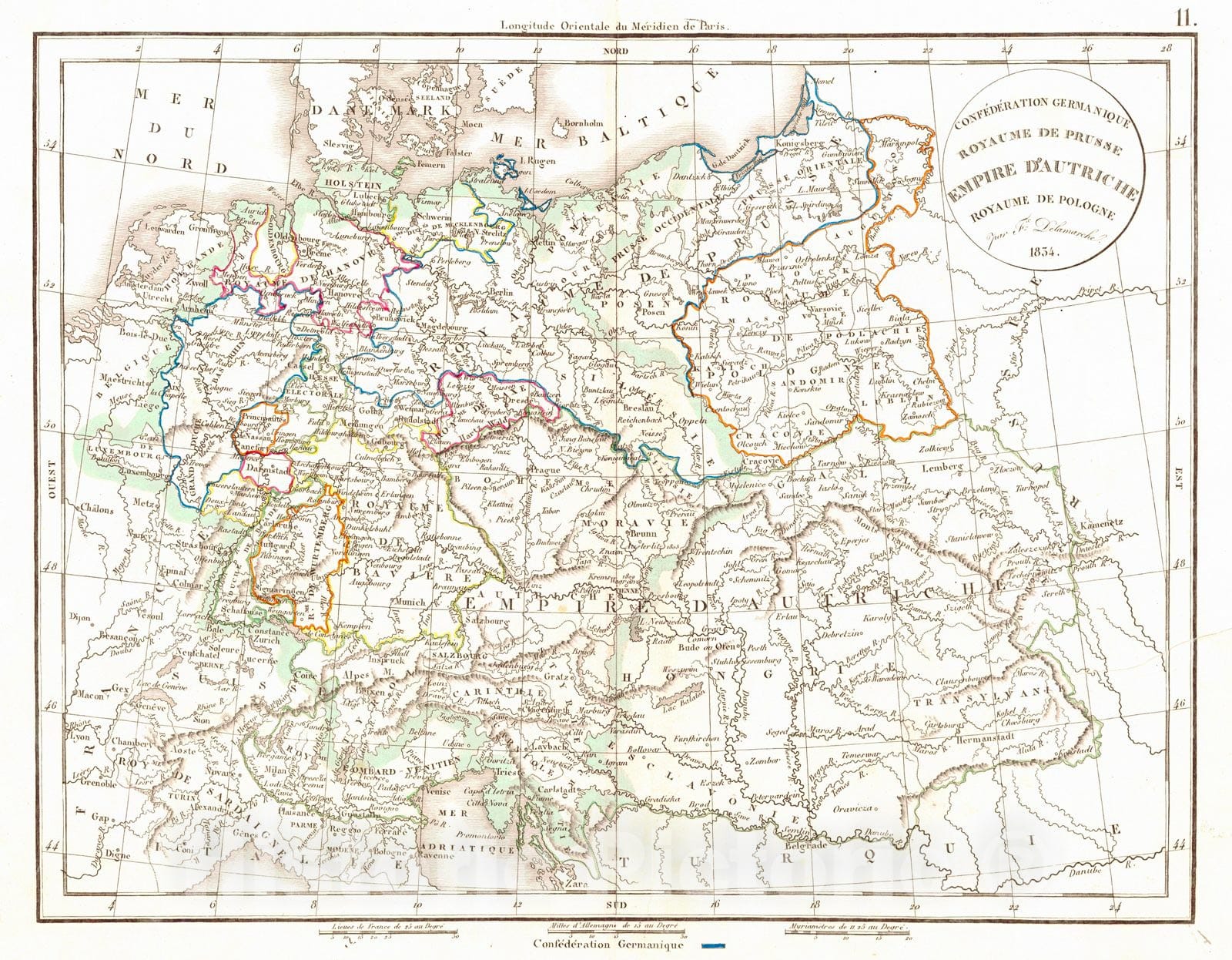 Historic Map : 1834 Conf&eacute;d&eacute;ration Germanique Royaume de Prusse Empire d'Autriche Royaume de Pologne : Vintage Wall Art