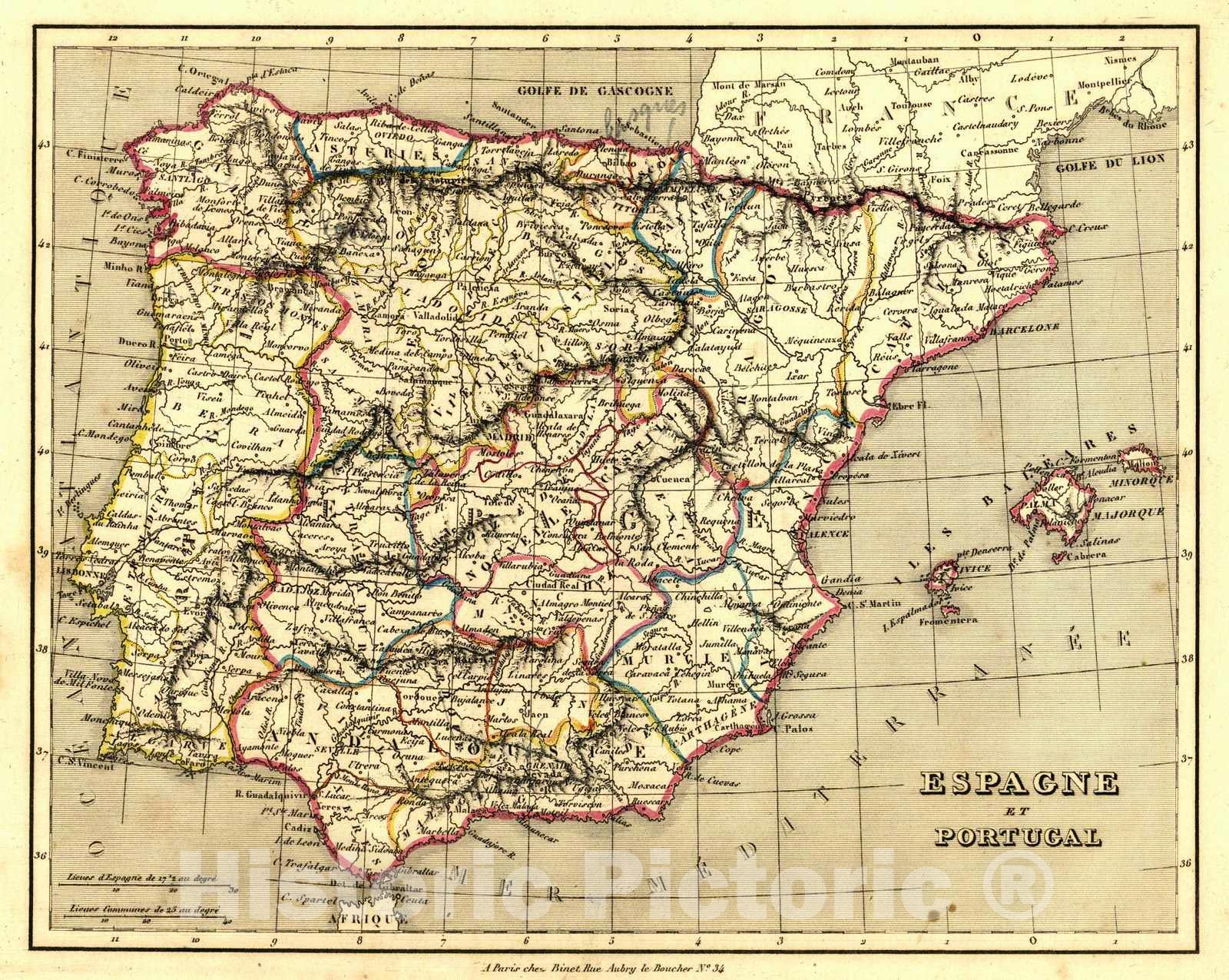 Historic Map : 1836 Espagne et Portugal : Vintage Wall Art