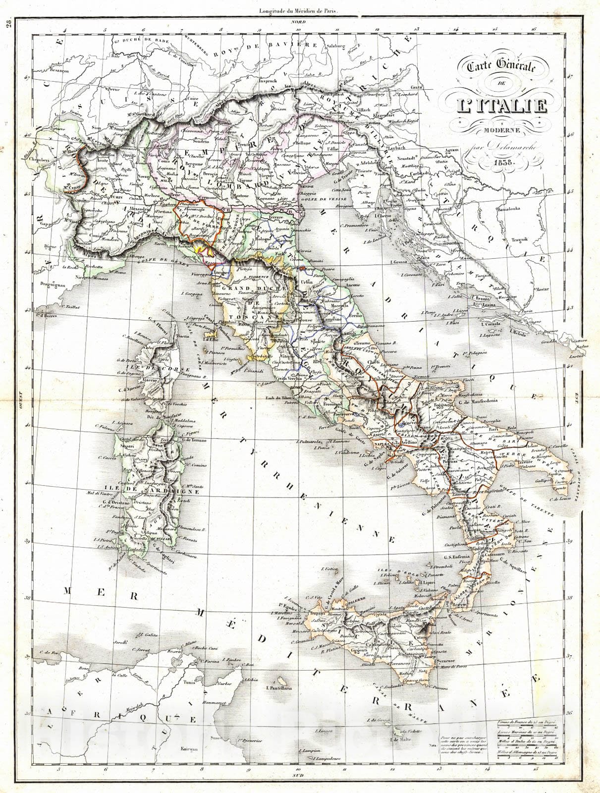 Historic Map : 1838 Carte Generale de L'Italie : Vintage Wall Art