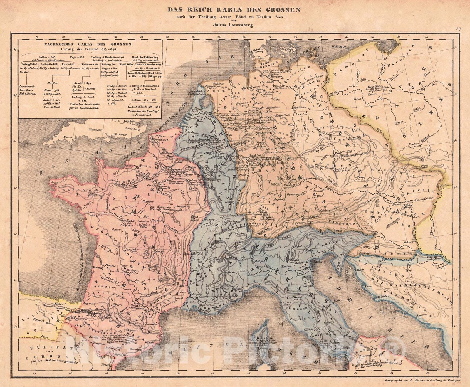 Historic Map : 1839 Das Reich Karls des Grossen nach der Theilung seiner Enkel zu Verdun : Vintage Wall Art