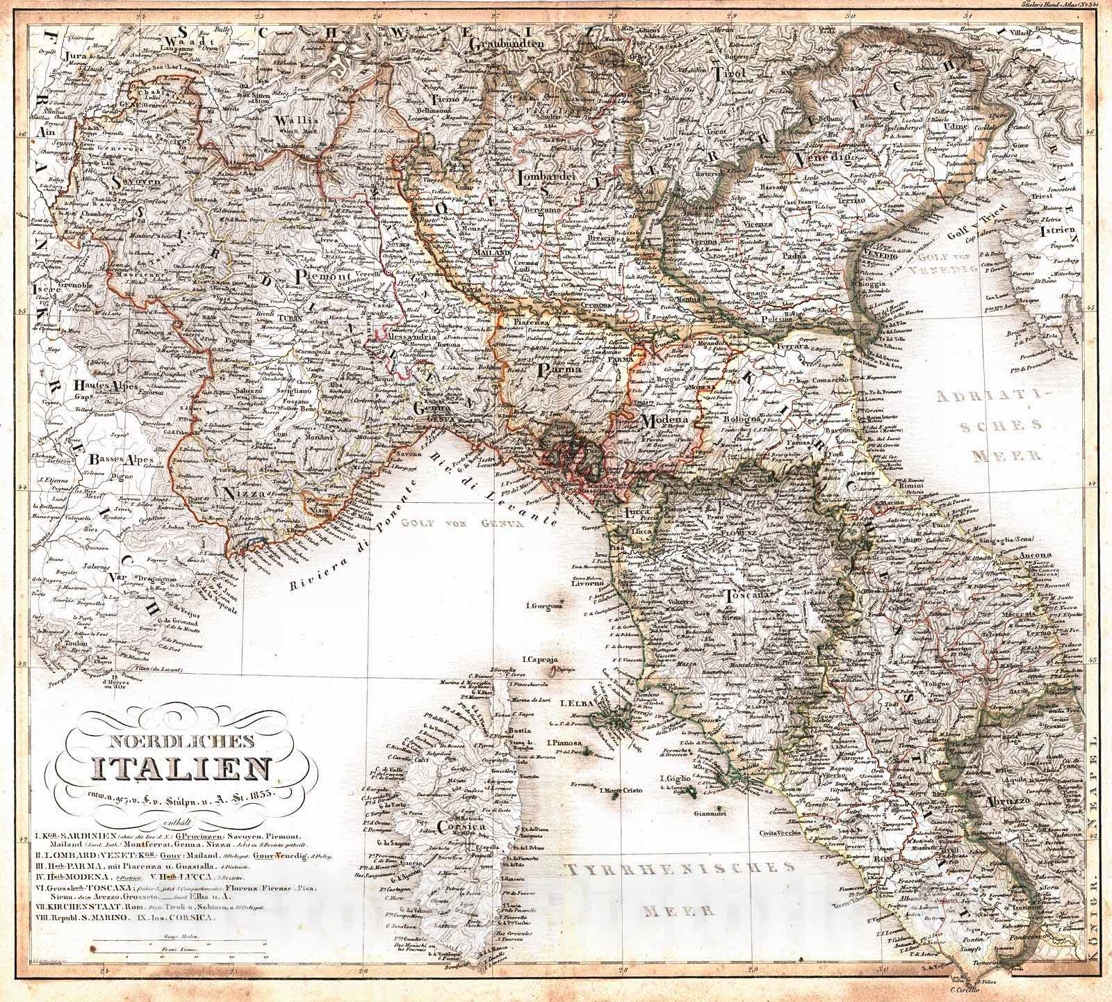 Historic Map : 1839 Noerdliches Italien : Vintage Wall Art