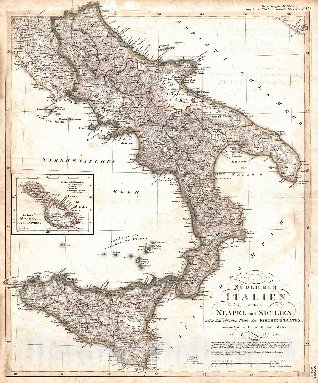 Historic Map : 1839 S&uuml;dliches Italien enth&auml;lt Neapel und Sicilien nebst dem s&uuml;dlichen Theile des Kirchenstaates : Vintage Wall Art