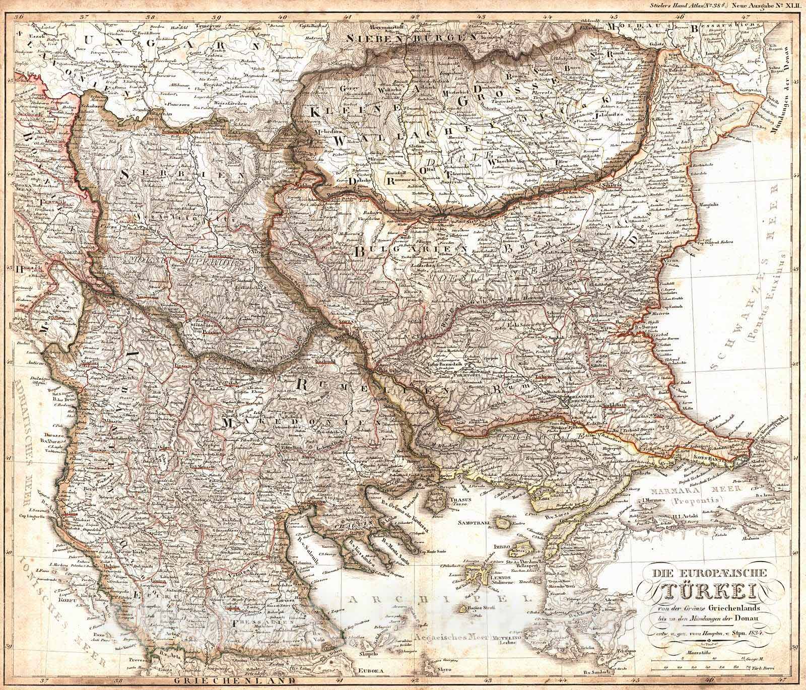 Historic Map : 1839 Die Europaeische T&uuml;rkei von der Gr&auml;nze Griechenlands bis zu den M&uuml;ndungen der Donaut : Vintage Wall Art
