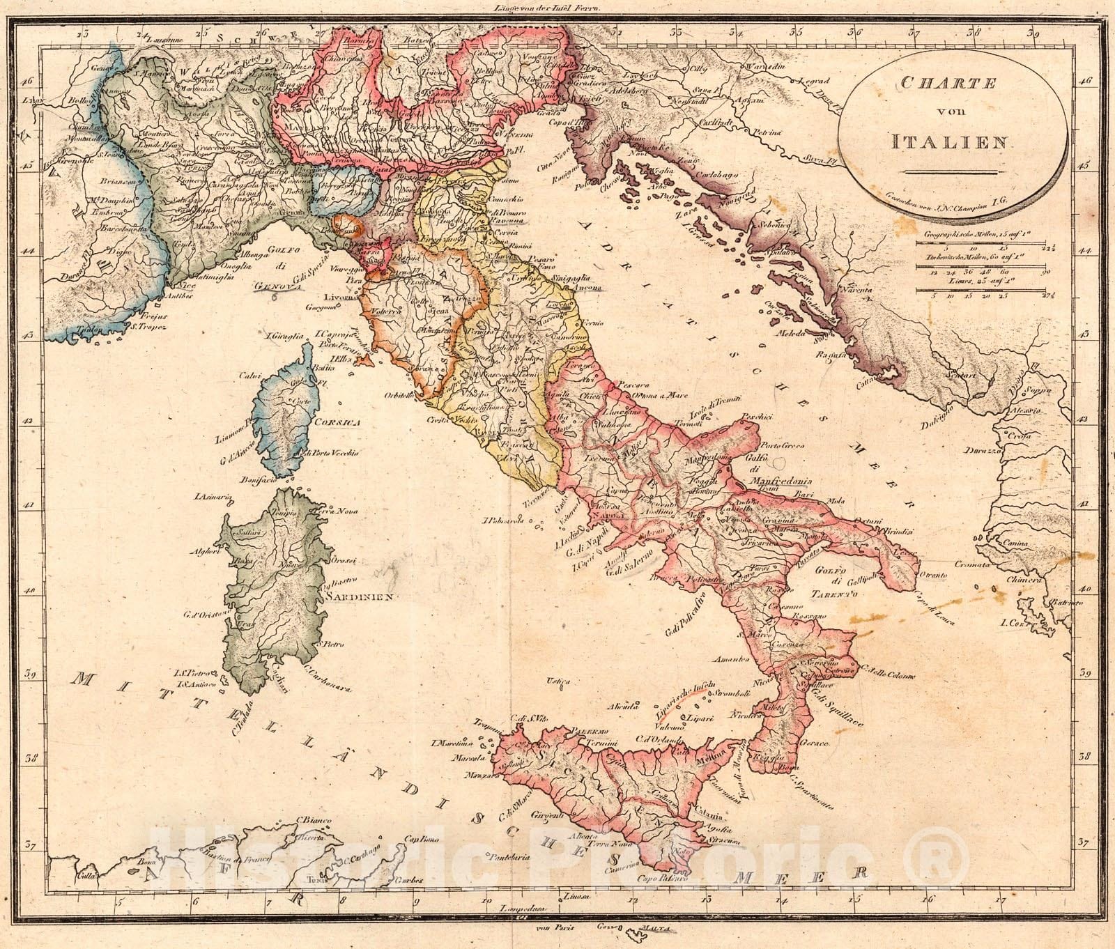 Historic Map : 1840 Charte von Italien : Vintage Wall Art