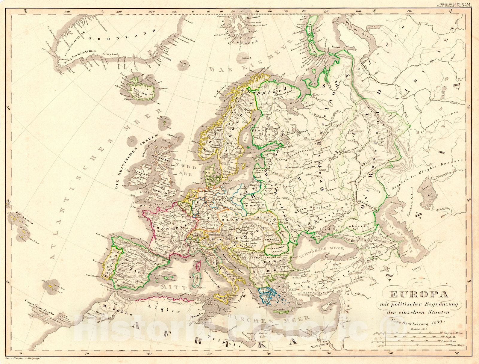 Historic Map : 1847 Europa mit politischer Begranzung der einzelnen Staaten : Vintage Wall Art