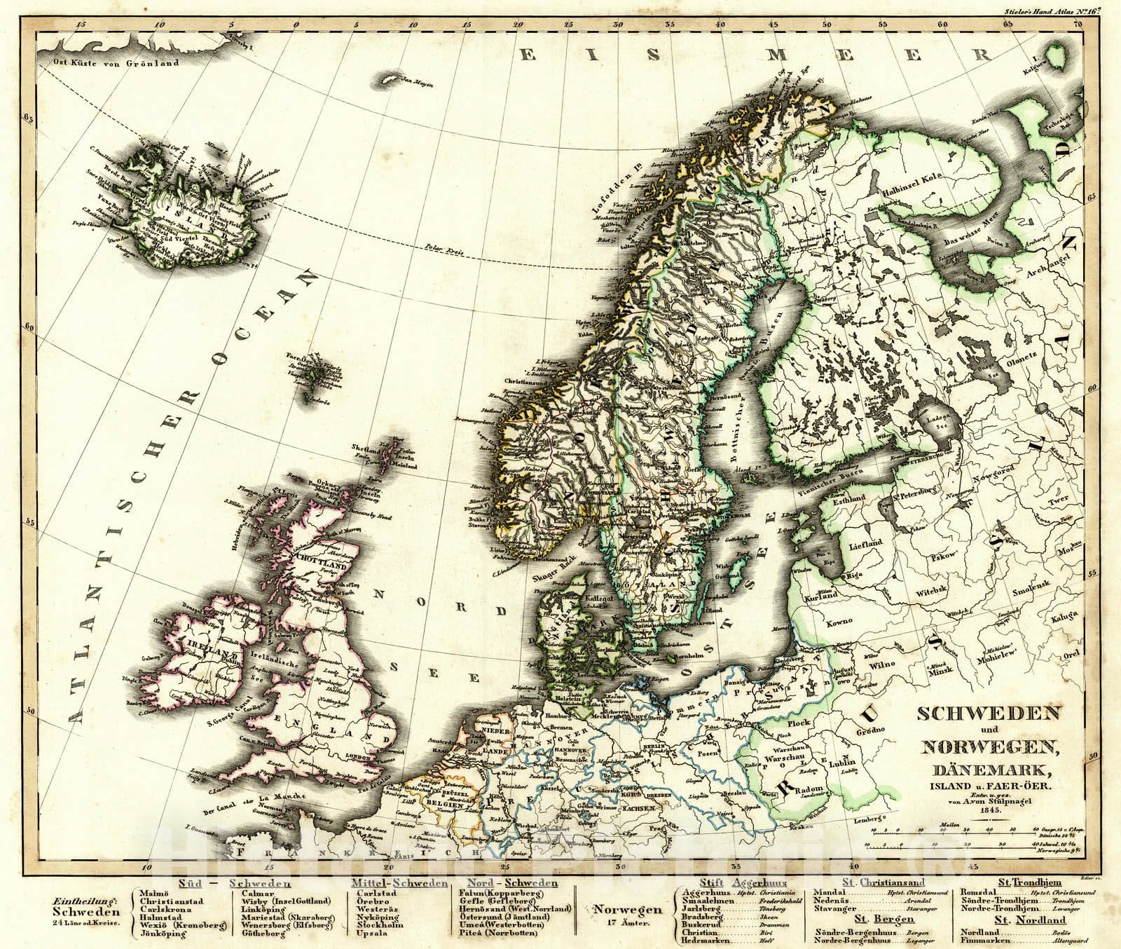 Historic Map : 1847 Schweden und Norwegen, Danemark : Vintage Wall Art