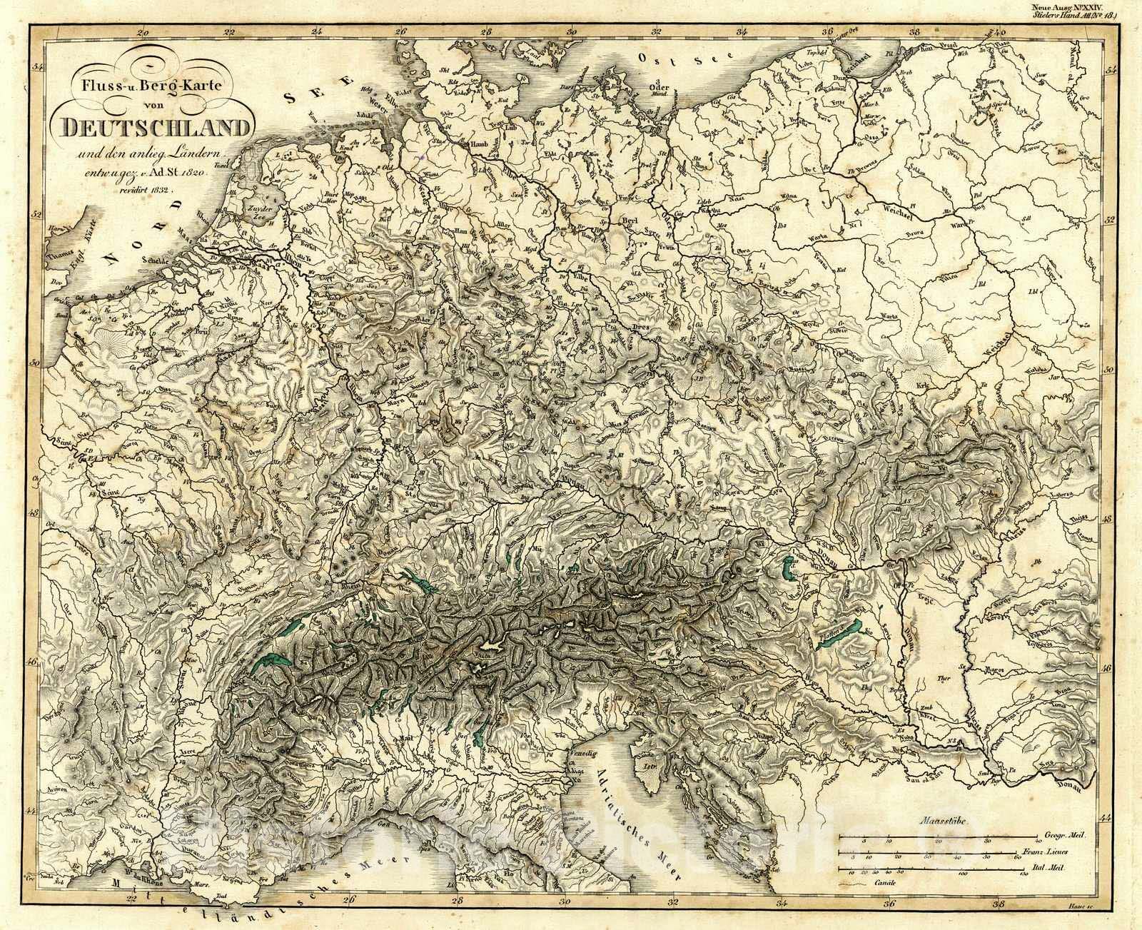 Historic Map : 1847 Fluss u Berg-Karte von Deutschland : Vintage Wall Art