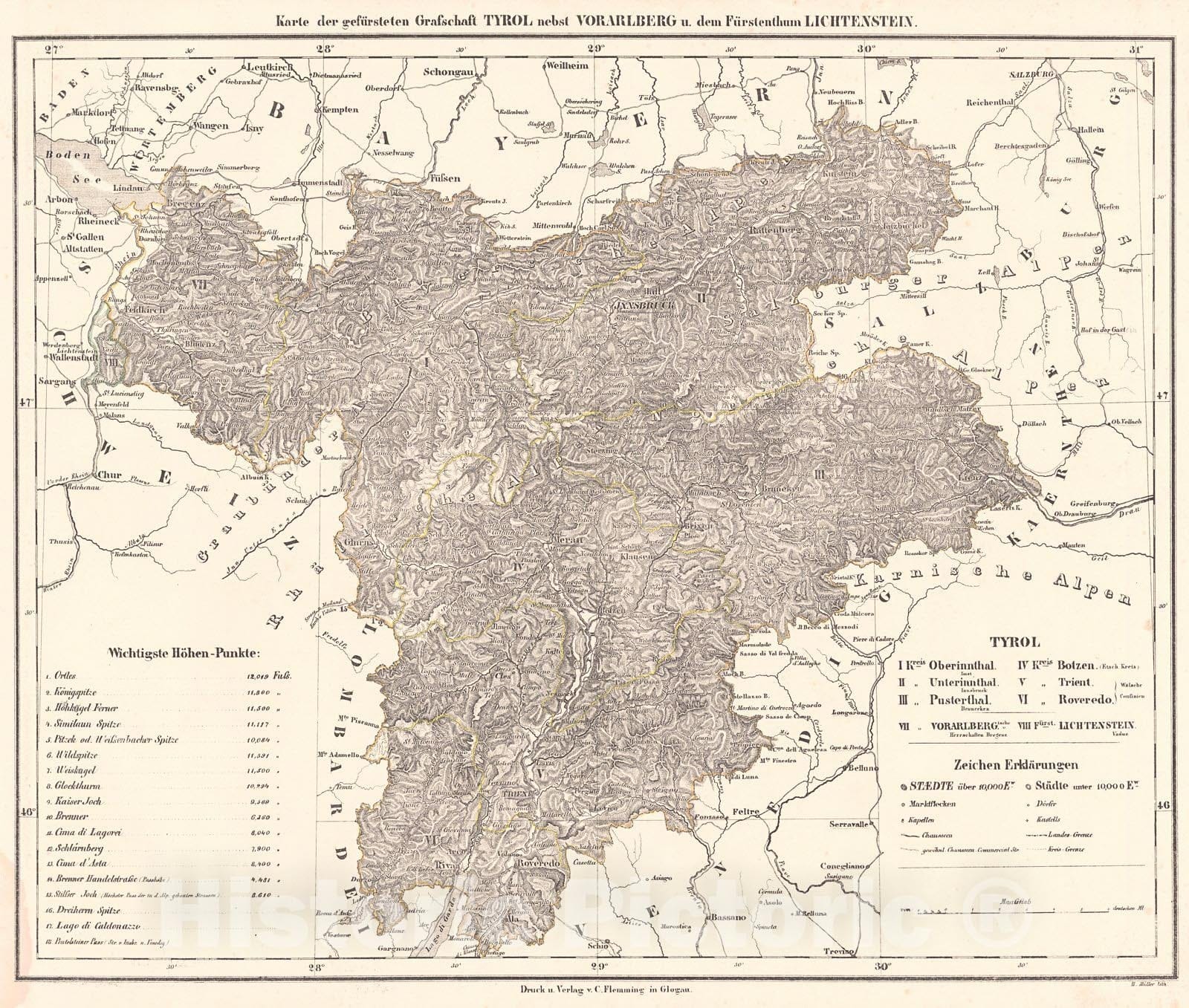 Historic Map : 1847 Karte der gefursteten Grafschaft Tyrol nebst Vorarlberg u. dem Furstenthem Lichtenstein : Vintage Wall Art