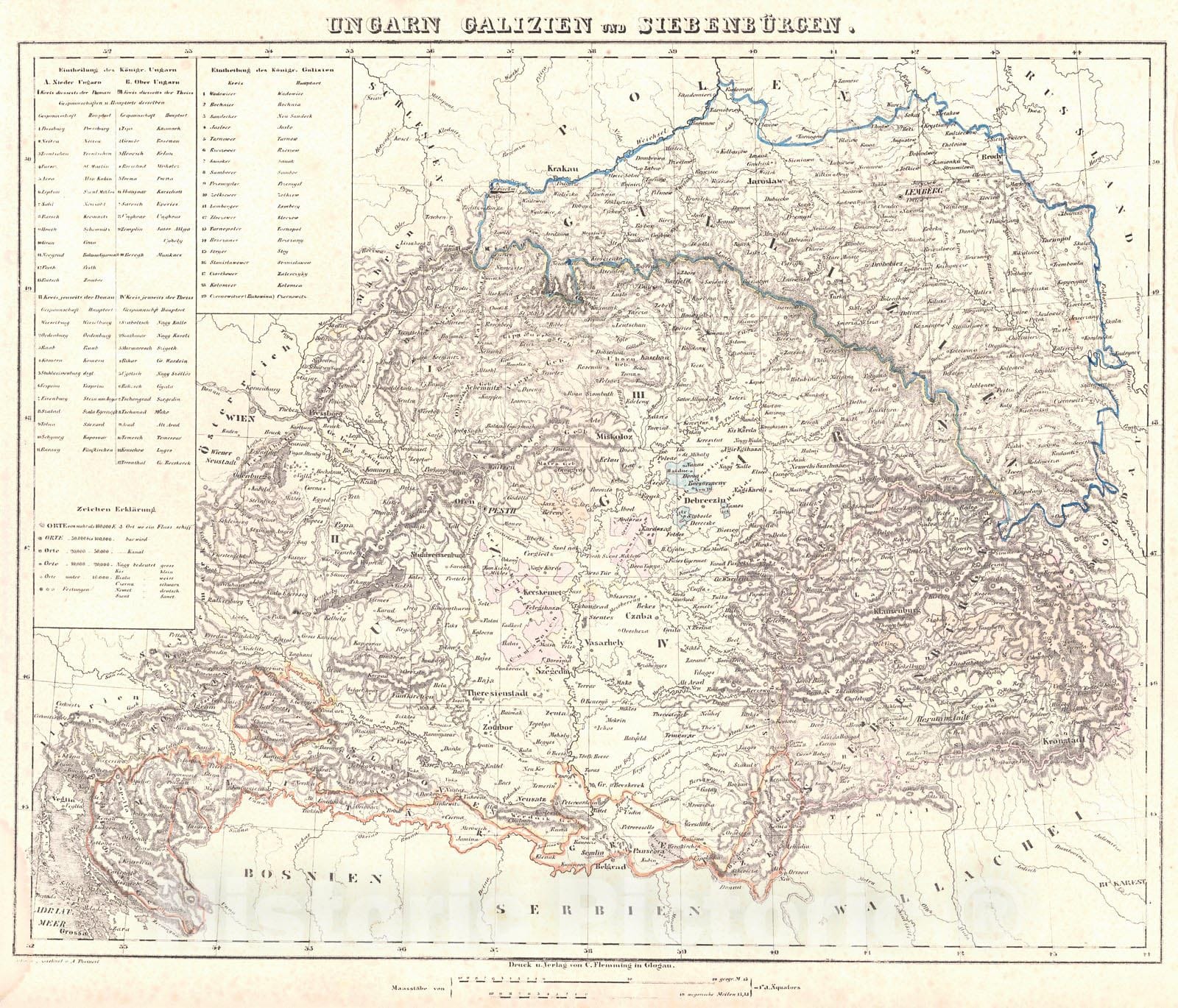 Historic Map : 1847 Ungarn Galizien und Siebenburgen : Vintage Wall Art