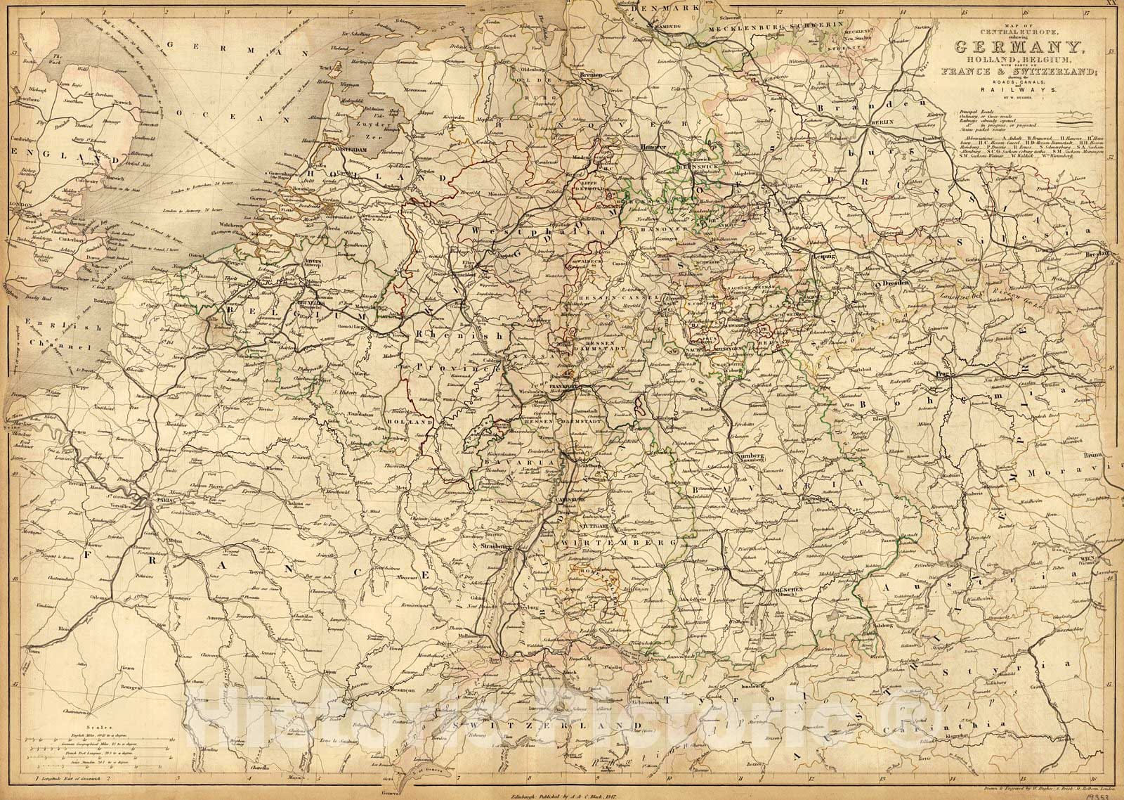 Historic Map : 1847 Map of Central Europe including Germany, Holland, Belgium, with parts of France and Switzerland : Vintage Wall Art