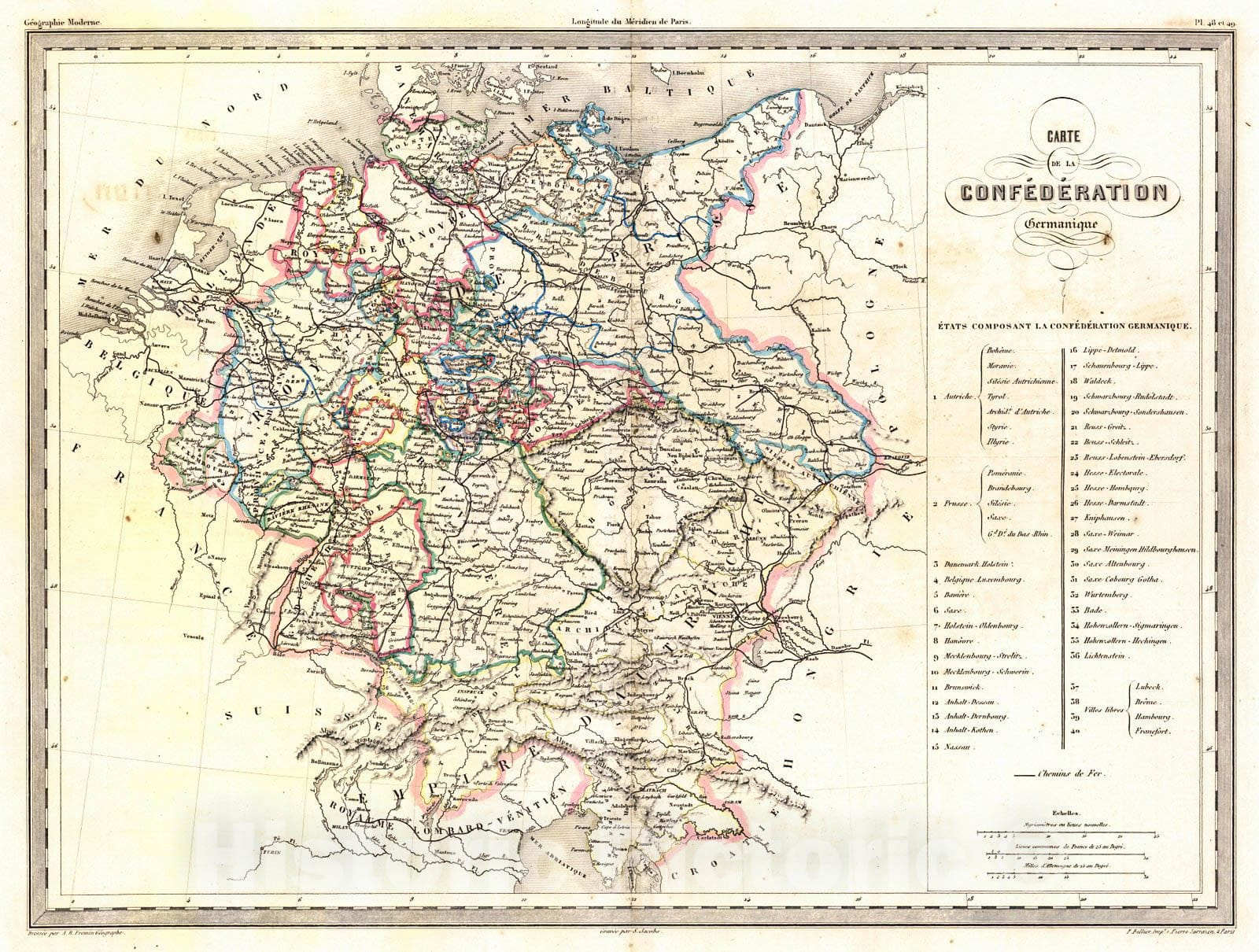 Historic Map :   Carte de la Confederation Germanique : Vintage Wall Art