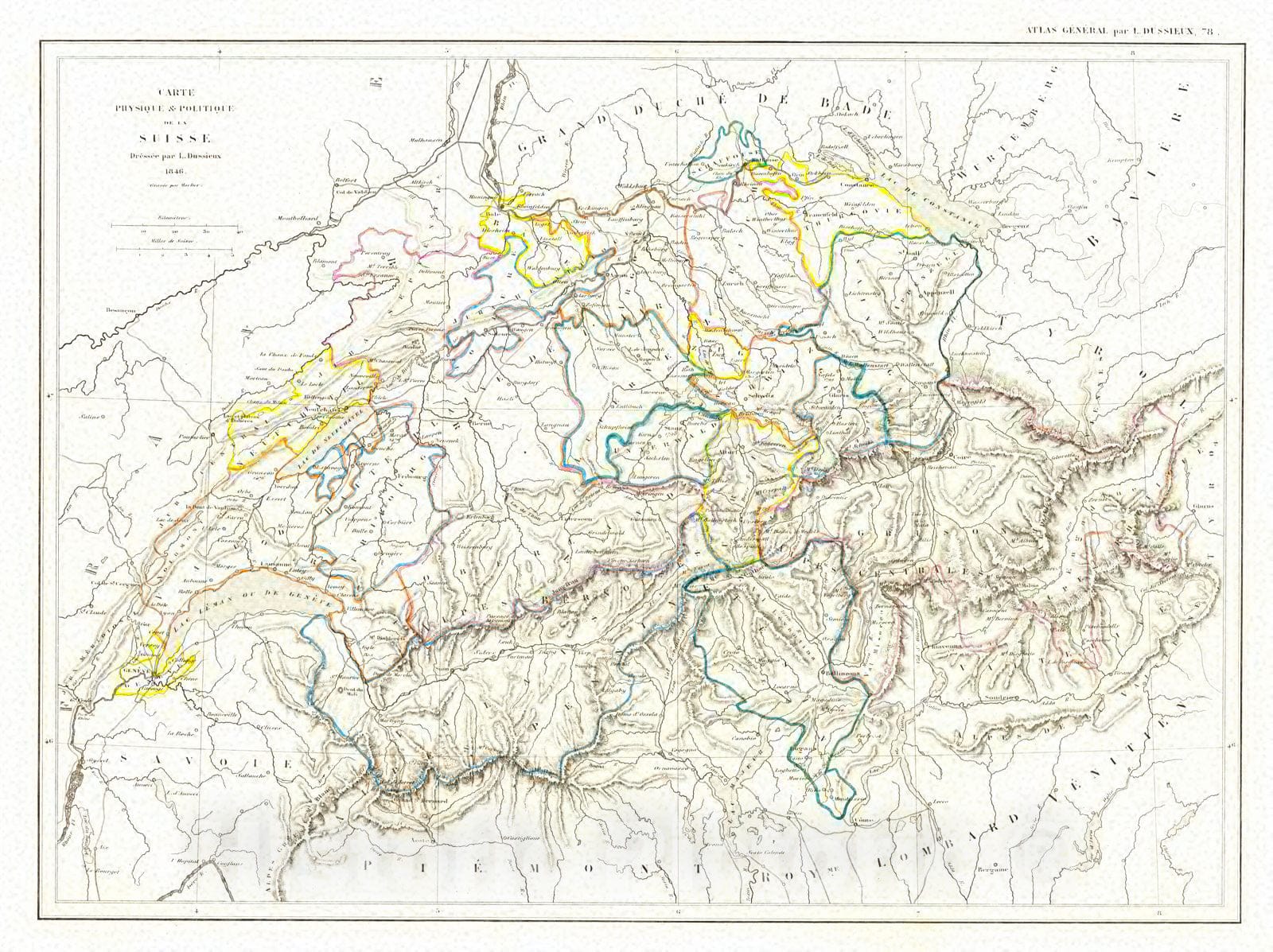 Historic Map : 1848 Carte Physique & Politique de la Suisse : Vintage Wall Art