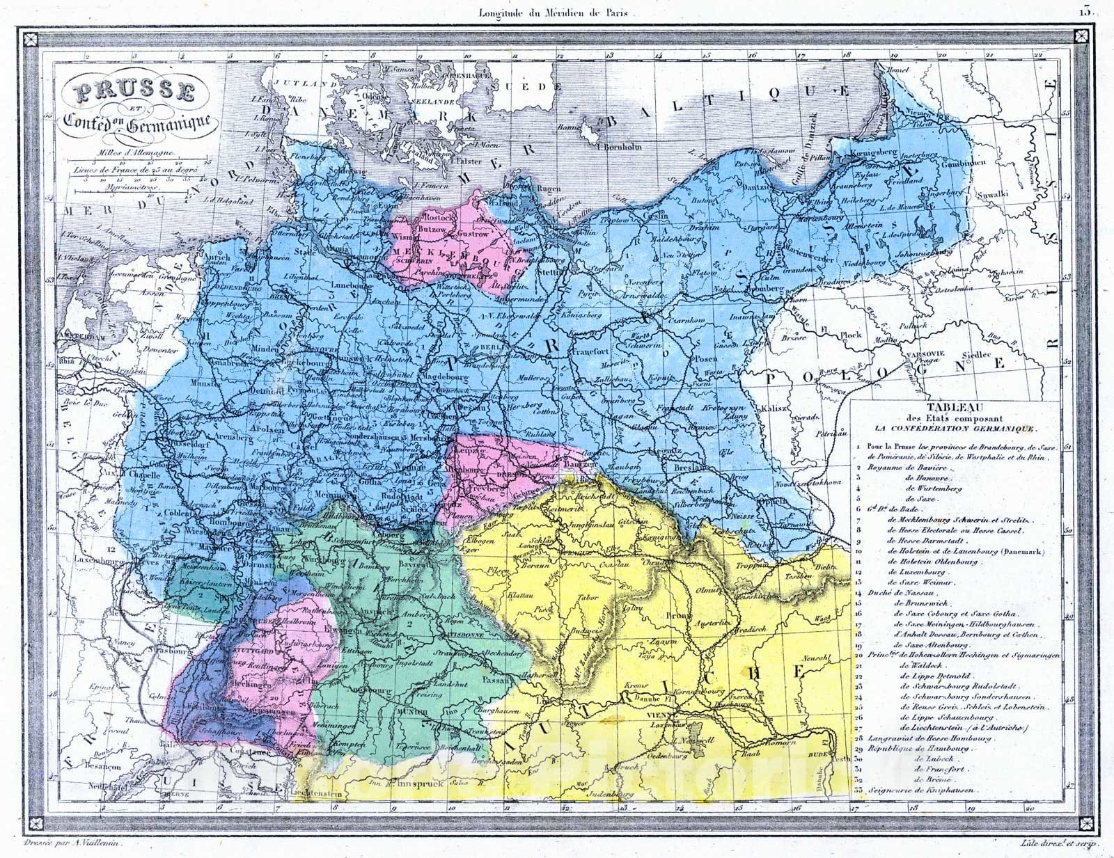 Historic Map : 1850 Prusse et Confed. Germanique : Vintage Wall Art