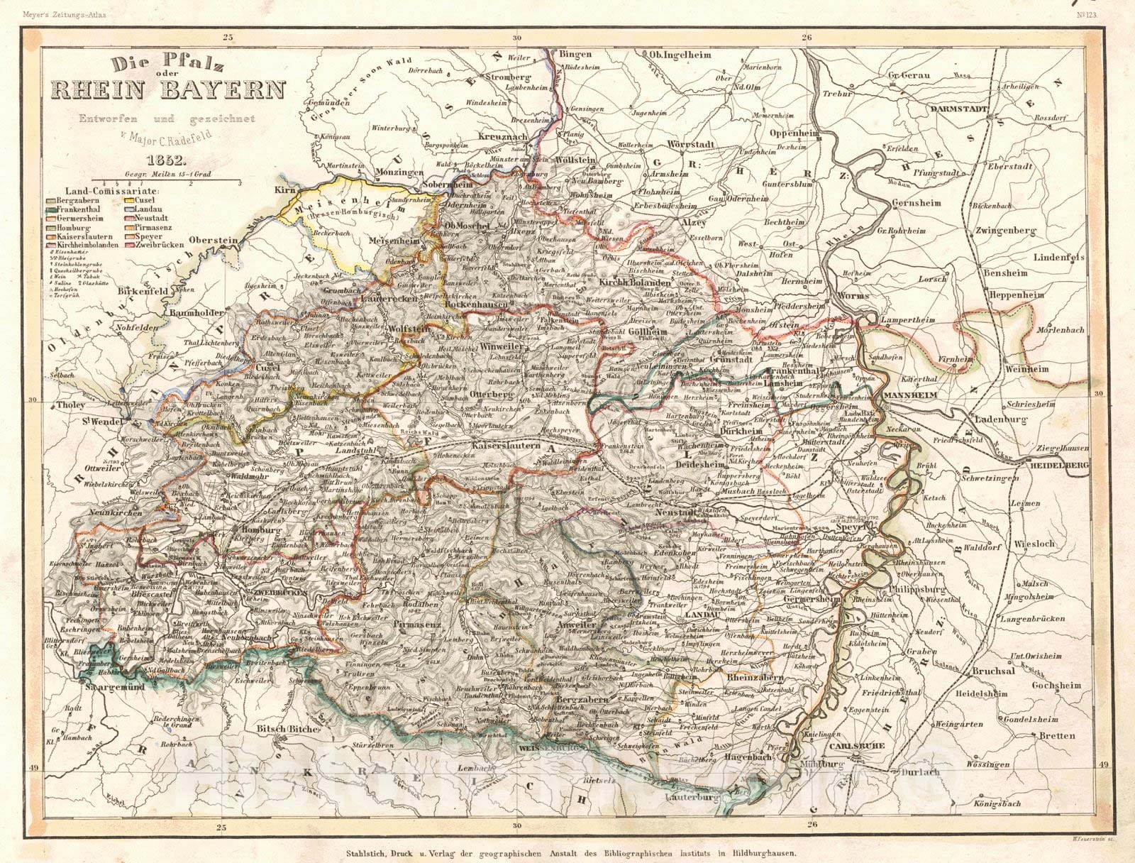 Historic Map : 1852 Die Pfalz oder Rhein Bayern : Vintage Wall Art