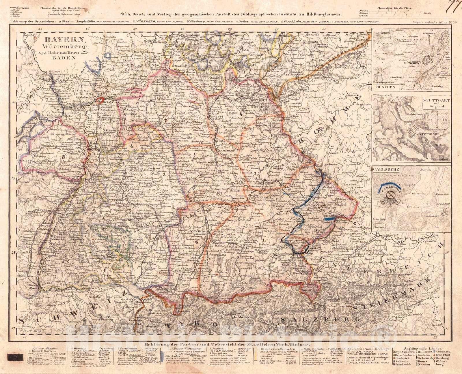 Historic Map : 1852 Bayern Wurtemberg beyde Hohenzollern und Baden : Vintage Wall Art
