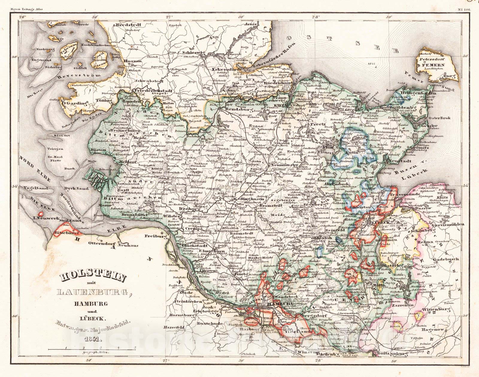 Historic Map : 1852 Holstein mit Lauenburg, Hamburg und L&uuml;beck : Vintage Wall Art