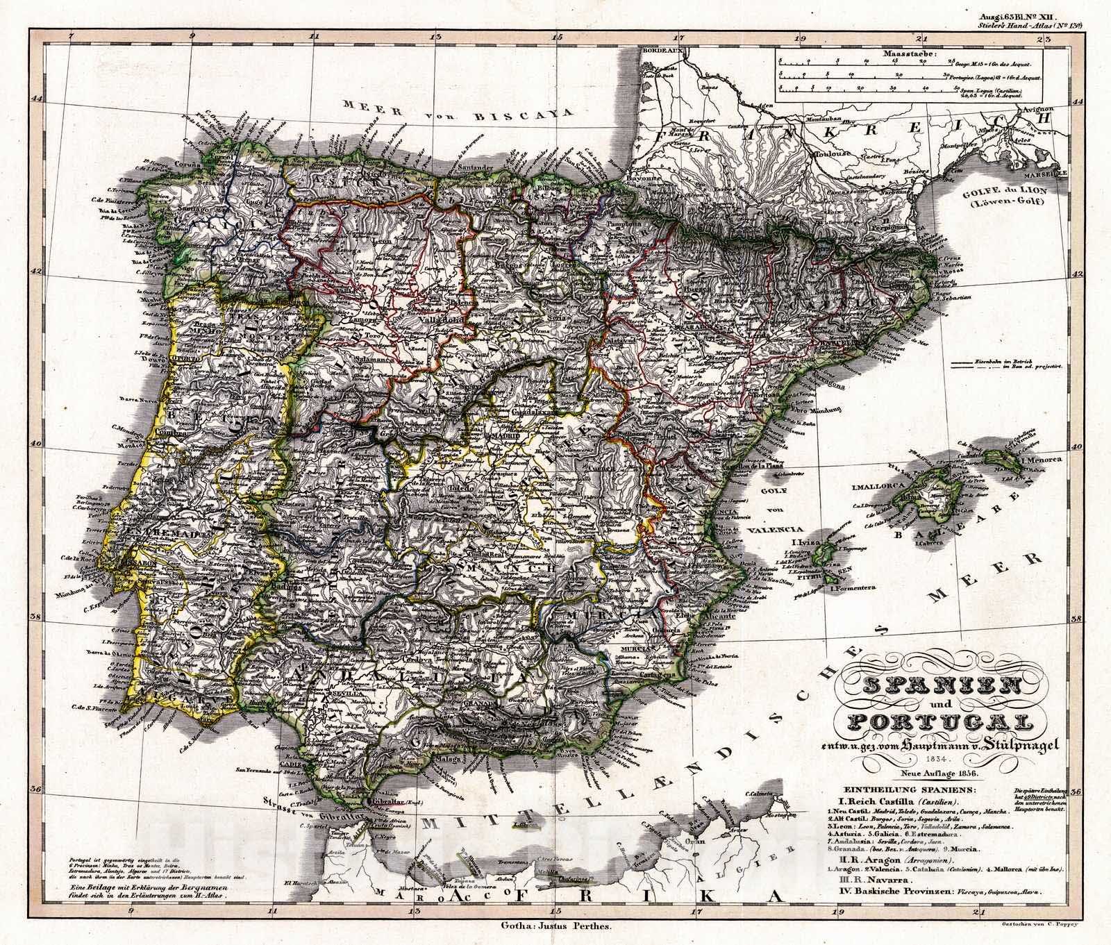 Historic Map : 1856 Spanien und Portugal : Vintage Wall Art