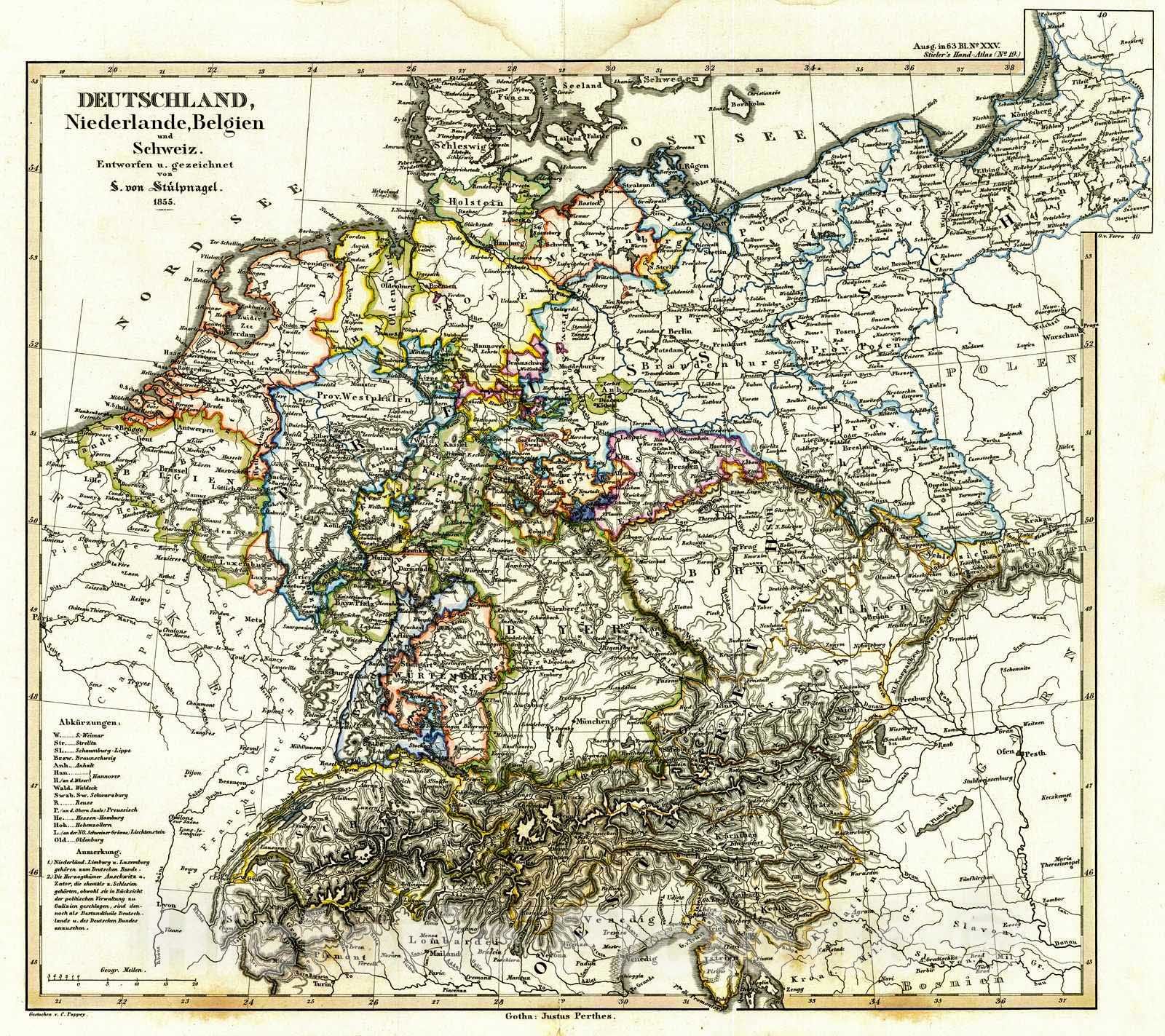 Historic Map : 1856 Deutschland, Niederland, Belgien und Schweiz : Vintage Wall Art