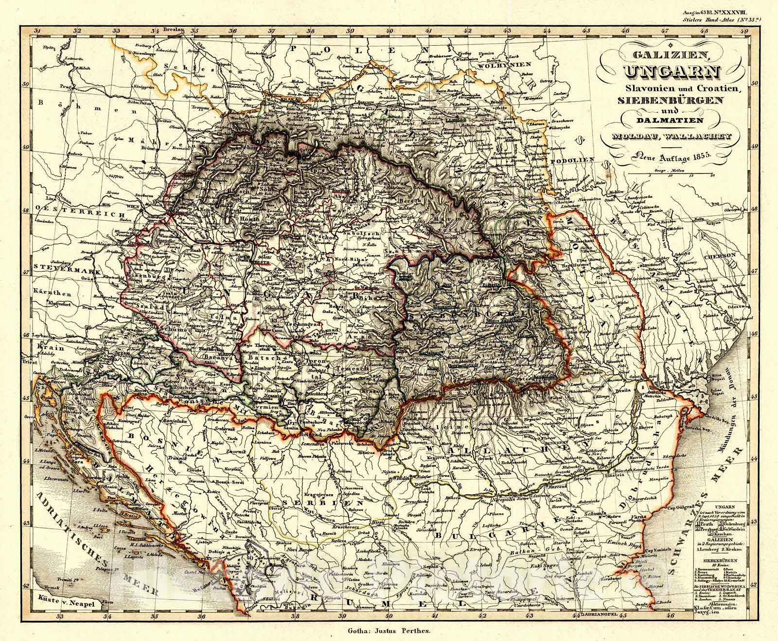 Historic Map : 1856 Galizien, Ungarn Slavonien und Croatien Siebenburgen und Dalmatien Maldau, Wallachey : Vintage Wall Art